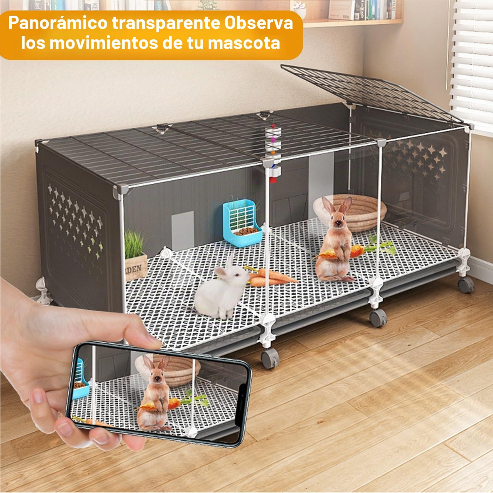 Jaula Cerrada para Conejos, Jaula para Conejos Interior con Bandeja Extraíble Extra Grande, Rueda Universal de 360 ​​​​° Panorámica Transparente para Conejo, Hurón, Chinchilla