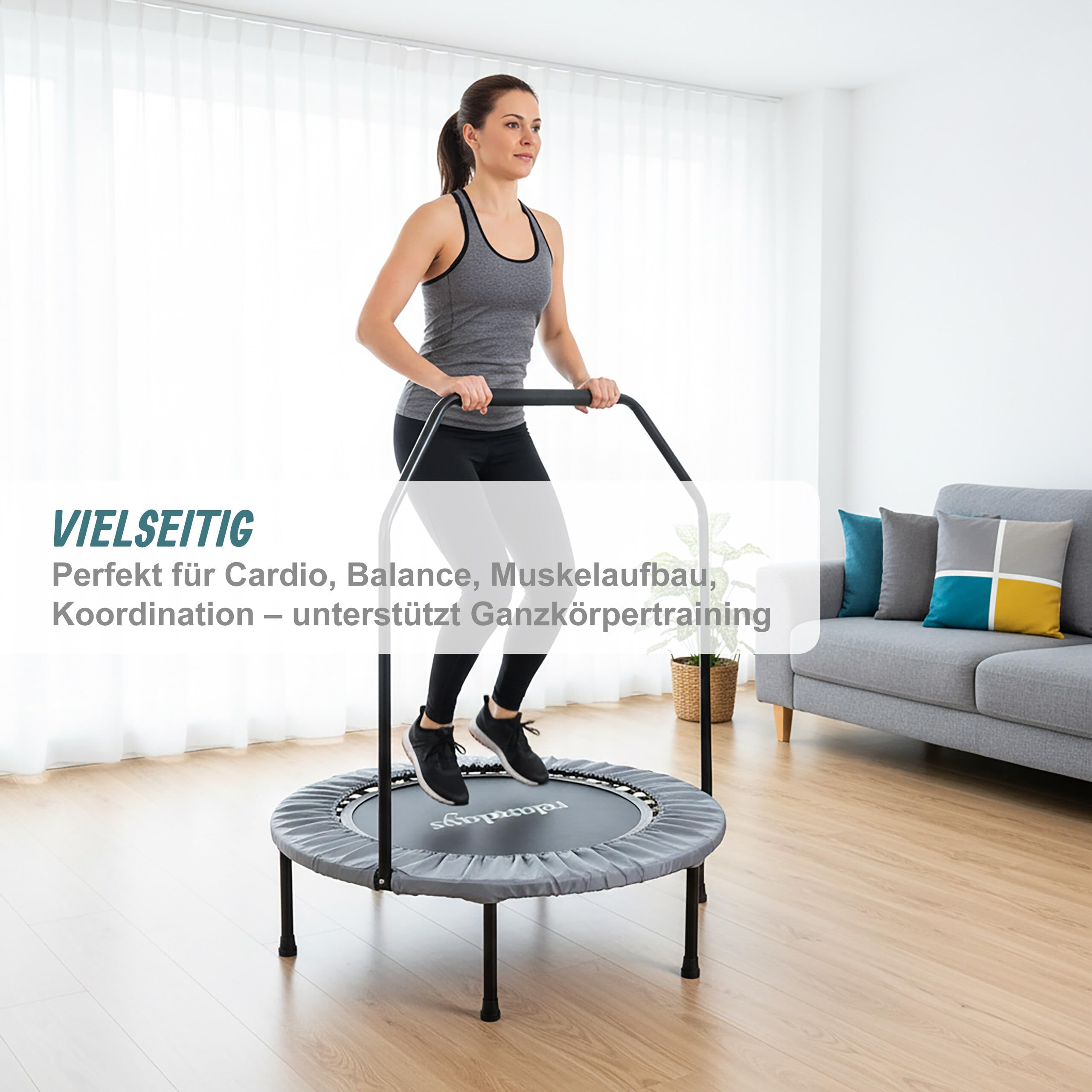 Relaxdays Trampolin mit Haltestange, Ø 102 cm, faltbares Minitrampolin bis 120 kg, Fitnesstrampolin Indoor, grau