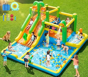 FBSPORT Inflatable Bounce House Double Water Slide, Water Bounce House for Big Kids with Splash Pool, Jumping, Climbing Wall, Bouncy Castle with 750W Blower for Backyard Indoor Outdoor