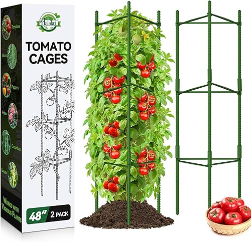 Halatool Paquete de 2 jaulas de tomate para jardín, jaulas de tomate ajustables de hasta 48 pulgadas (4 pies), estacas de jardín enrejado de tomate