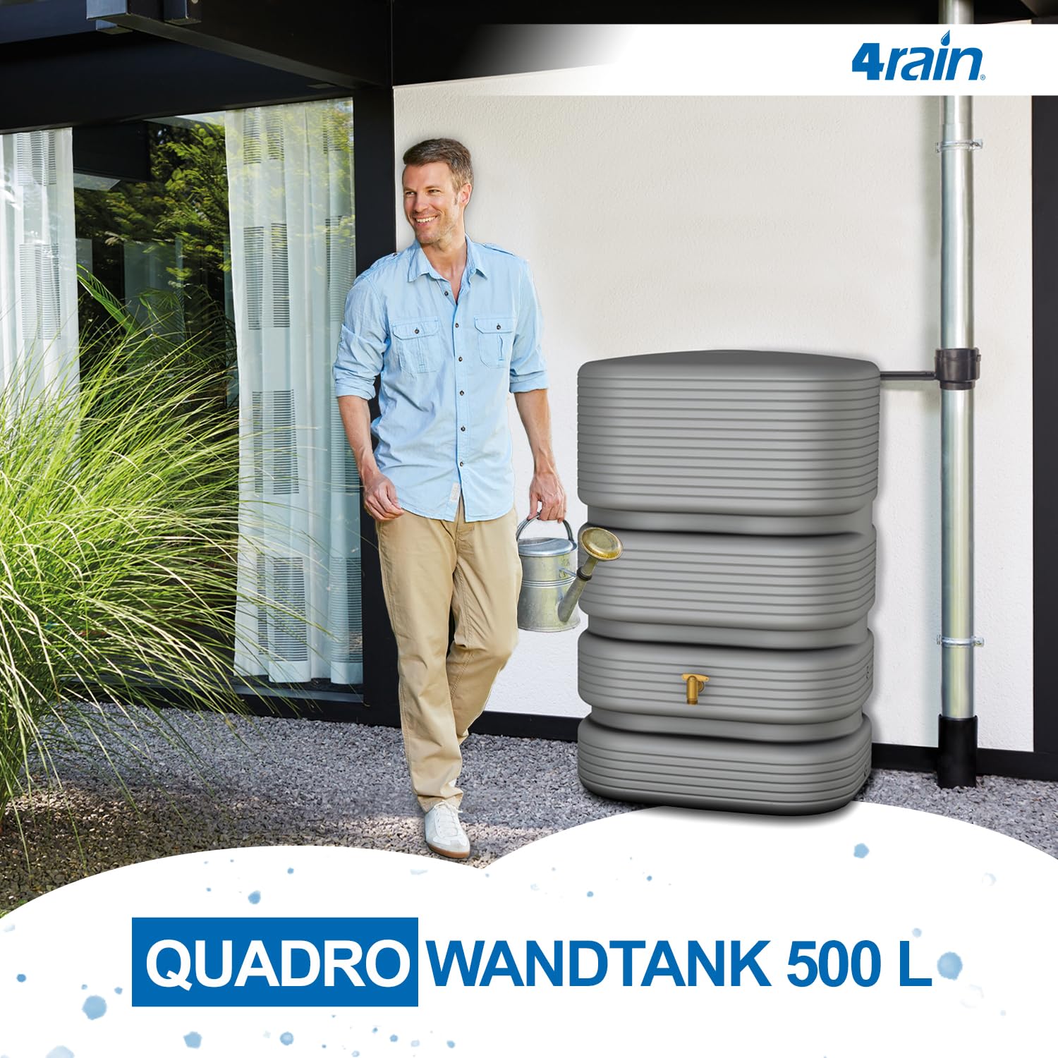 4rain Quadro Regentonne 500 Liter betongrau - Wandtank, Wassertank, Regenfass, Regenwassertonne, Wasserbehälter, Fass, Regenwassertank, Wasserfass, Wassertonne, Wassertonnen für Garten