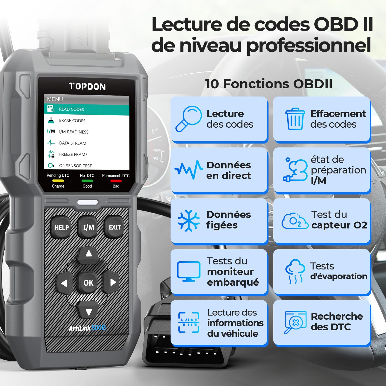 TOPDON ArtiLink500B OBD2 Lecteur de Codes, Testeur de Batterie de Voiture 2 en 1, Fonction OBD2 Complète Automobile 12V Tests de Batterie, 12V/24V Tests de Démarrage/Charge, Mise à Jour Gratuite