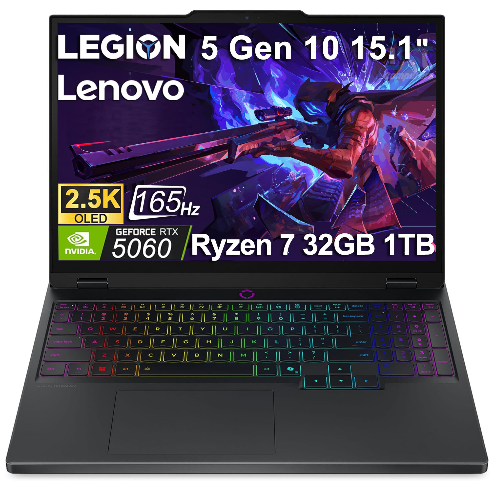 Lenovo Legion 5 Gaming Laptop (15.1" 2.5K OLED G-SYNC 165Hz, NVIDIA RTX 5060 8GB, AMD Ryzen 7 260 (> i7-1355U), 32GB DDR5, 1TB SSD), 24-Zone RGB Backlit, Wi-Fi 7, 5MP Webcam, Ethernet, Win 11 Home