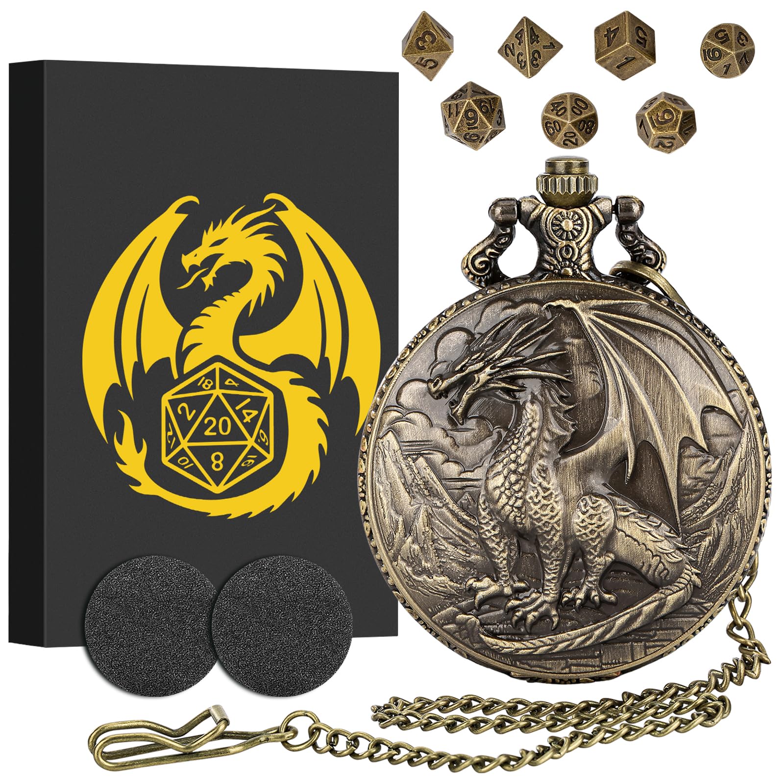 Mini DND Dice Set with Steampunk Dragon Pocket Watch Case, Tiny 7-Piece Polyhedral Metal D&D Dice, DND Gifts with Gift Box for DND Lovers, Role Playing Game Board Game Accessories Dice, Bronze