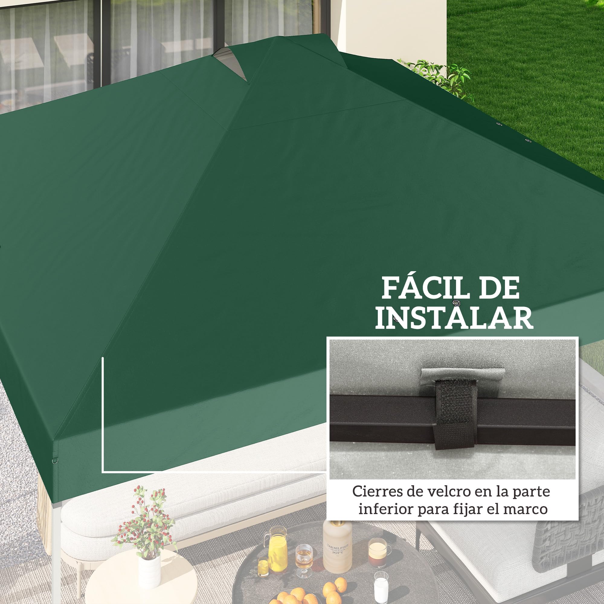 Outsunny Toldo de Pérgola de Recambio 3x3 m Techo de Repuesto para Carpa Plegable de Jardín de Tela Oxford 210D con 8 Orificios de Drenaje y Doble Ventilación Protección UV 50+ Solo TOLDO Verde