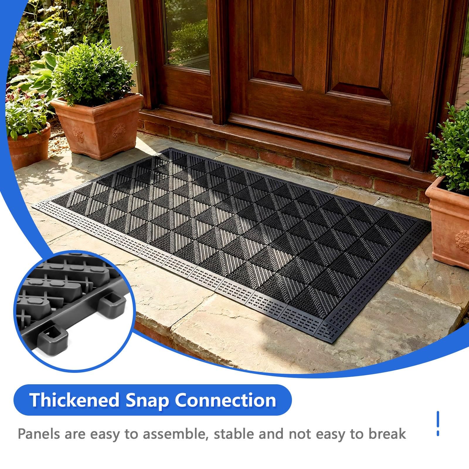 Paillasson d'entrée avec carreaux emboîtables et brosse, durable, robuste, antidérapant, intérieur/extérieur, toutes saisons, facile à nettoyer pour garage, terrasse, entrée à grande circulation
