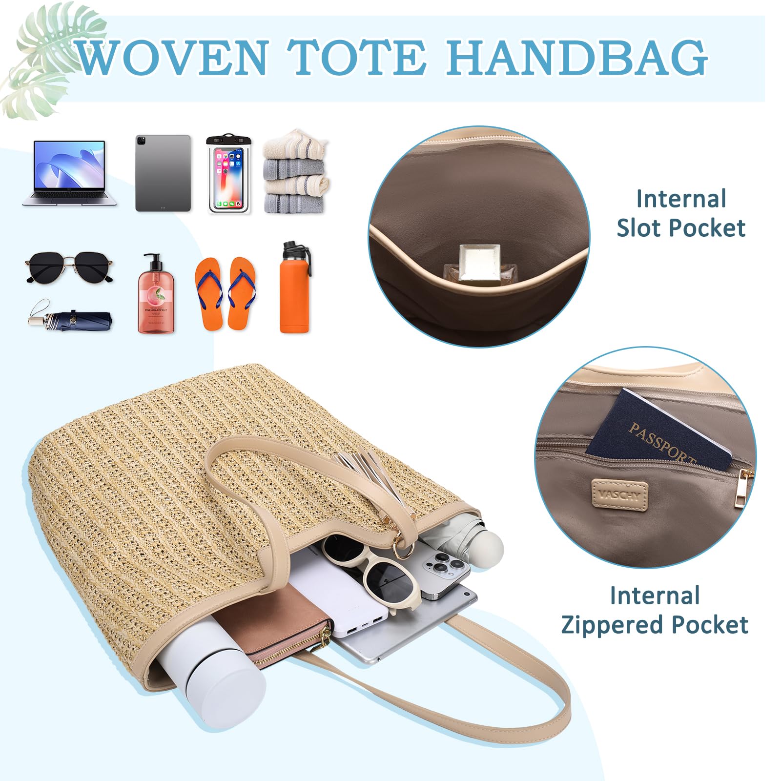 VASCHY Bolsa Playa de Paja para Mujer, Bolsa Tote Bag de Verano Bolsa de Hombro Plegable Bolsa de Mano para Shopper Viaje Bolso Bohemia con Cremallera para Uso Diario