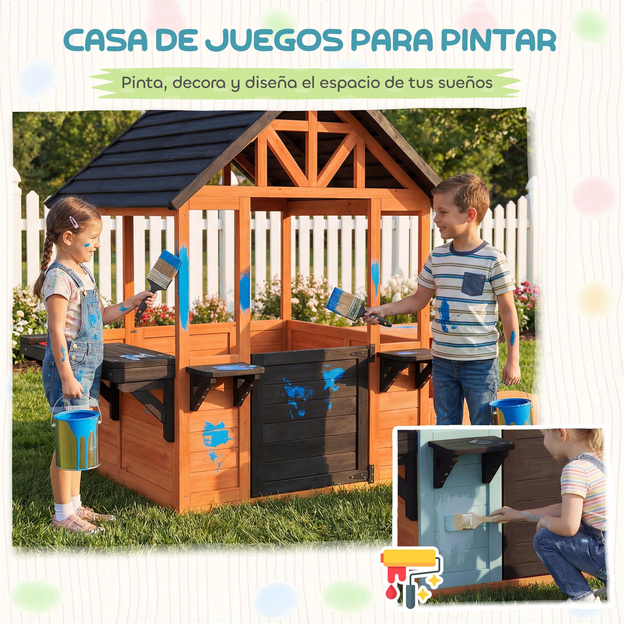 AIYAPLAY Casita Infantil Exterior e Interior de Madera, Casita Infantil con Barra de Snack, Mesa de Picnic y Bancos, Fregadero, Maceteros, Ventanas, Cocina Juguetes para Niños 3-8 Años, Marrón Claro
