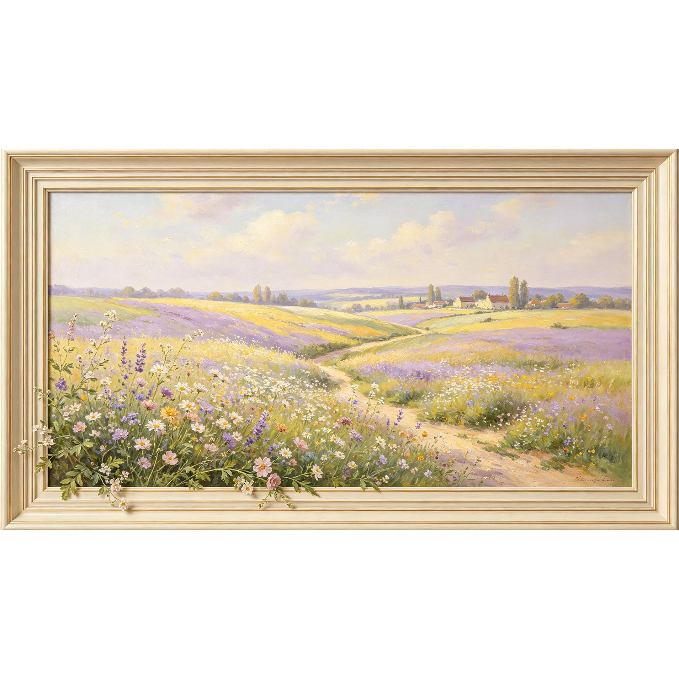 QZLITHOTIC 50×100cm 3D Framed Wall Art， Botanical Pastoral Wildflower Meadow Landscape Self?Adhesive Mural， Water?Activated Peel & Stick Fabric Decor Wall Decal for Bedroom Living Room