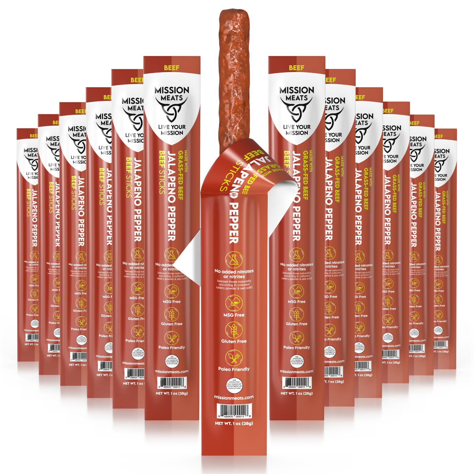 Mission Meats TASTY & SPICY Non-GMO Grass-Fed Beef Sticks Gluten Free MSG Free Nitrate Nitrite Free Paleo Snacks Keto Healthy Natural Sticks 12 piece