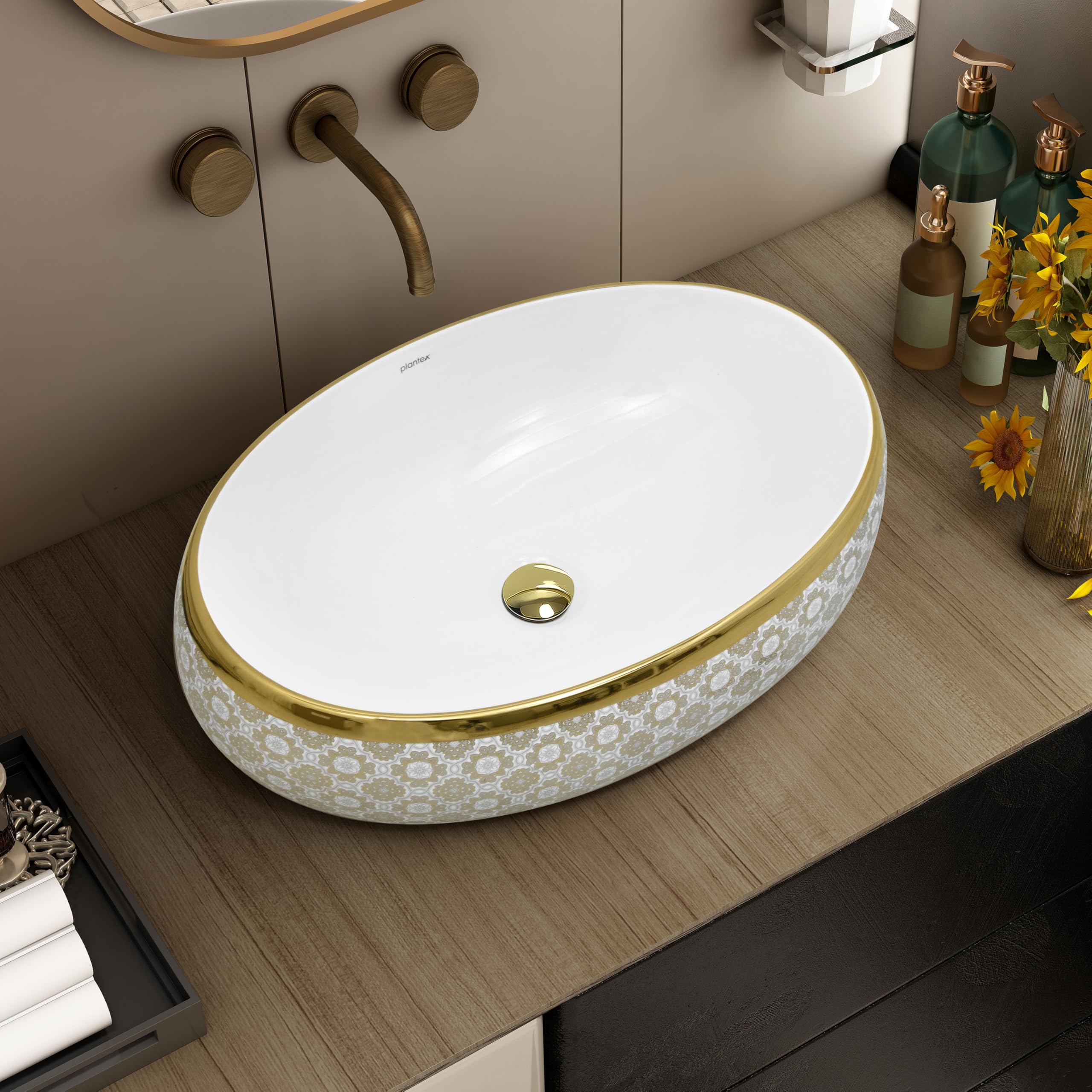 Plantex Ceramic Wash Basin - White & Gold -1 Plantex Ceramic Wash Basin - White & Gold -1