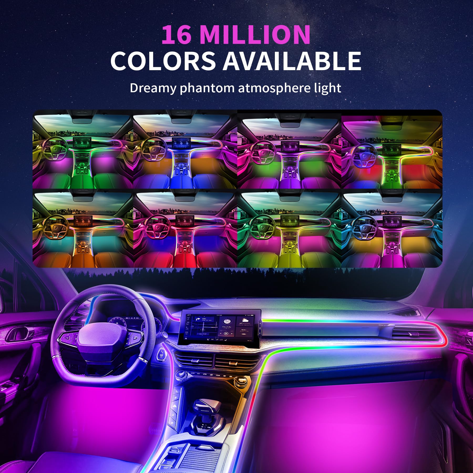 LED éclairage intérieur Voiture USB, Arc en Ciel RGBic 210 Modes Clignotants,Auto LED éclairage intérieur 2 en 1 pour Console Centrale et 4 éclairage du Plancher