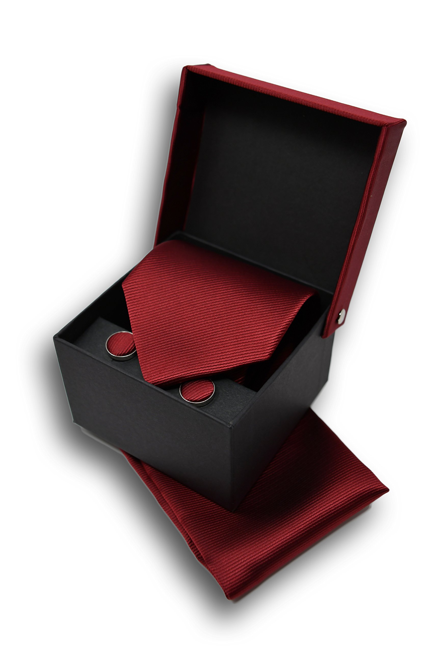 Sweet Leaf Cravatta da uomo, Fazzoletto da Taschino e Gemelli Rosso Scuro - 100% seta - Classico, Elegante e Moderno - (Confezione Regalo, ideale per un matrimonio, con un abito)