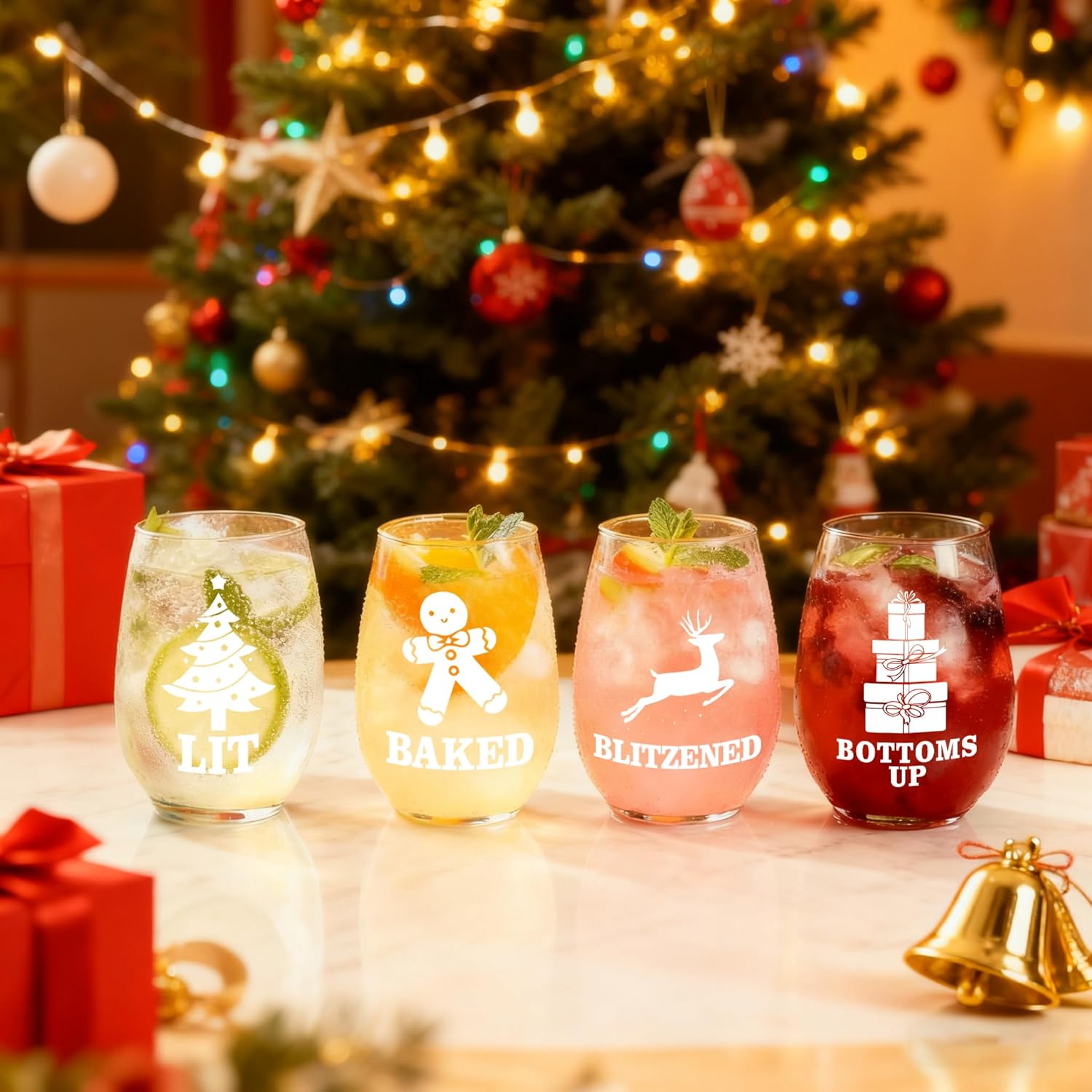 Set of 4 Christmas Stemless Wine Glasses 17Oz, Christmas Decor Wine Glass for Xmas Party, Gift for Men Women Friends Family - Image 3
