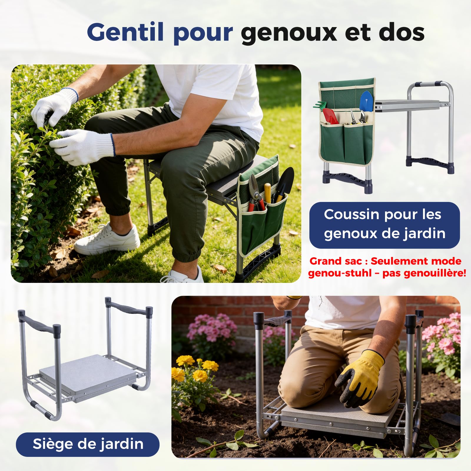 Rodillera de jardín, diseño antideslizante mejorado y cojín para rodillas de 27,5 cm, plegable y portátil, ayuda para jardinería (hasta 150 kg), 1 bolsa, HBT 52 x 28 x 45 cm, color verde