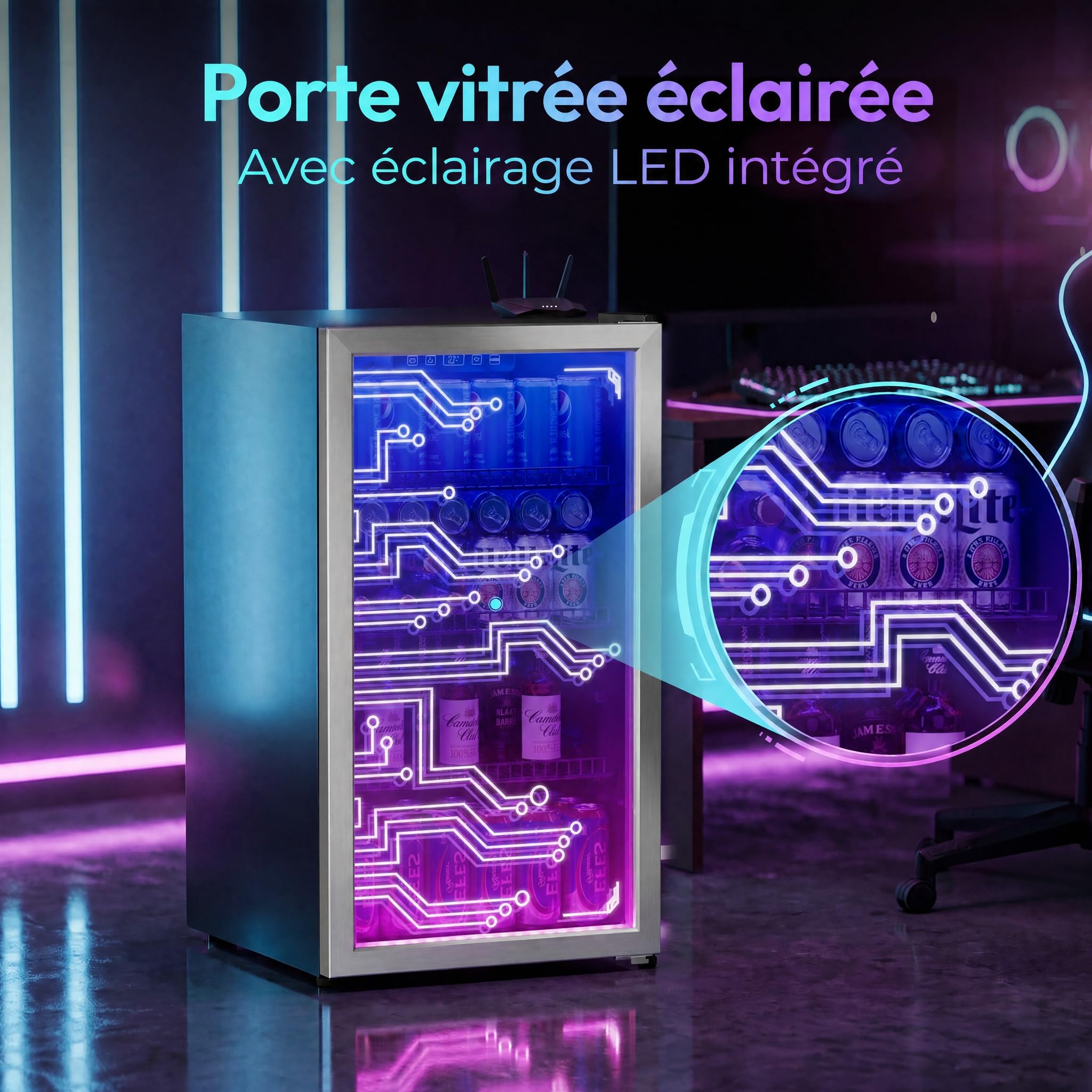 TRIUMPHKEY Réfrigérateur à boissons 90L – porte vitrée et éclairage LED RGB