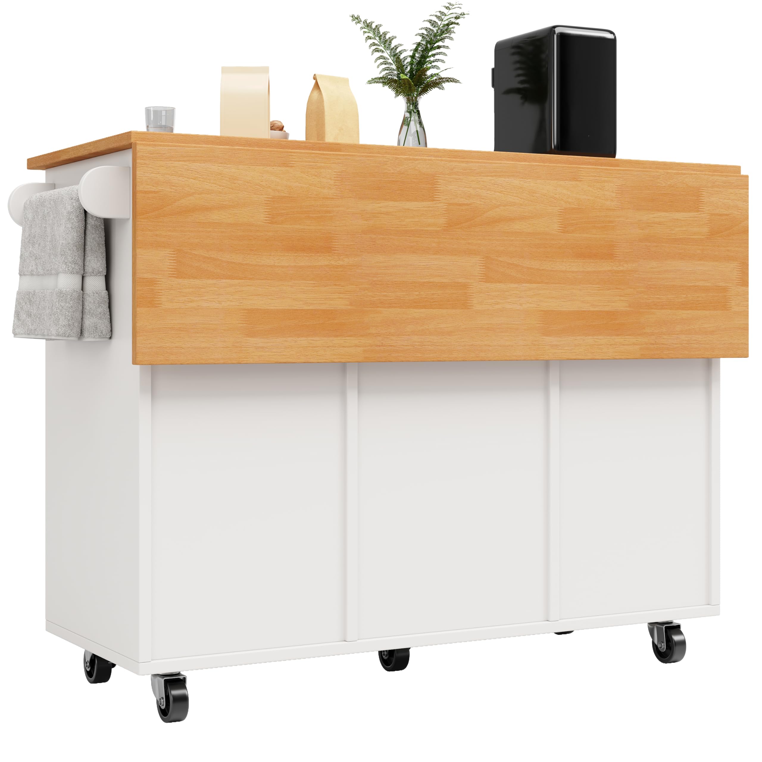 Idemon Moderna isla de cocina, armario de cocina, carrito de cocina extensible con ruedas y encimera, carrito de servir con estante para especias y 8 cajones, color blanco