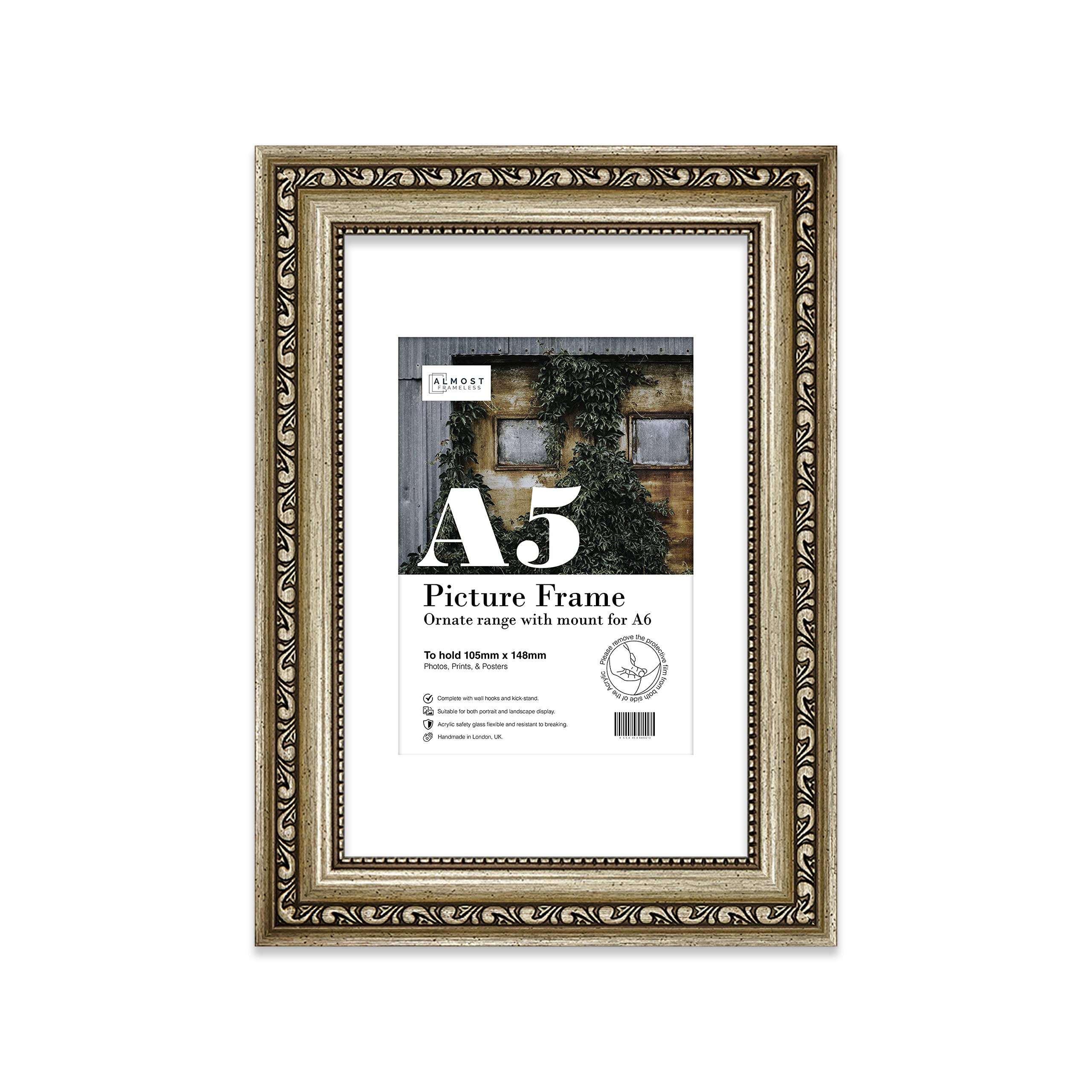 Almost Frameless A5 Champaign Ornate Picture Frame With White Mount for A6 (10.5 x 14.8cm - 4.1 x 5.8in) Poster, Photo, Artwork, or Print. Elegant Style Portrait and Landscape Display with Wall Hooks