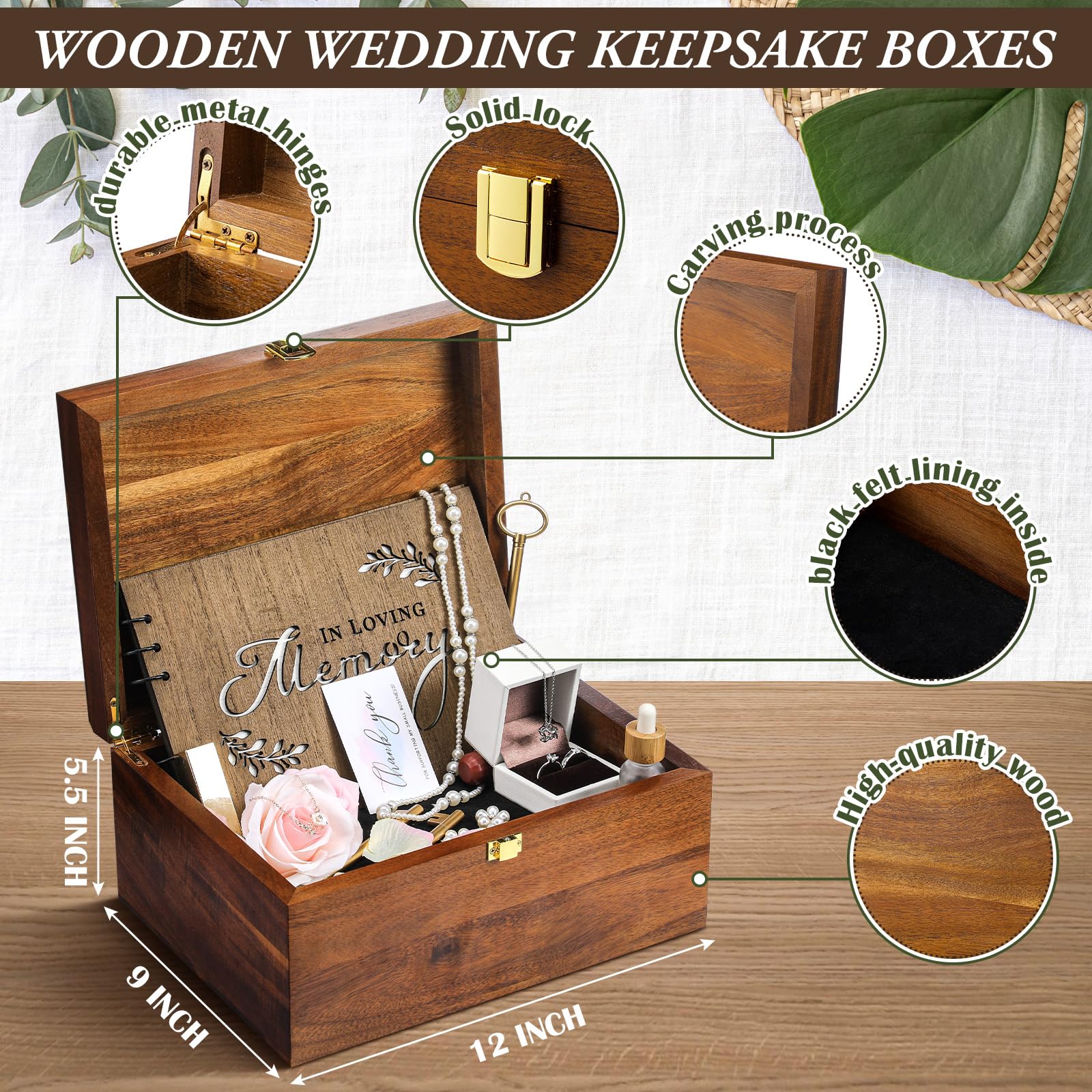 Threehoney Caja grande de madera para recuerdos de boda con tapas, 12 x 9 x 5.5 pulgadas, caja de almacenamiento de recuerdos de boda, regalos de compromiso para parejas, recién casados, despedidas de
