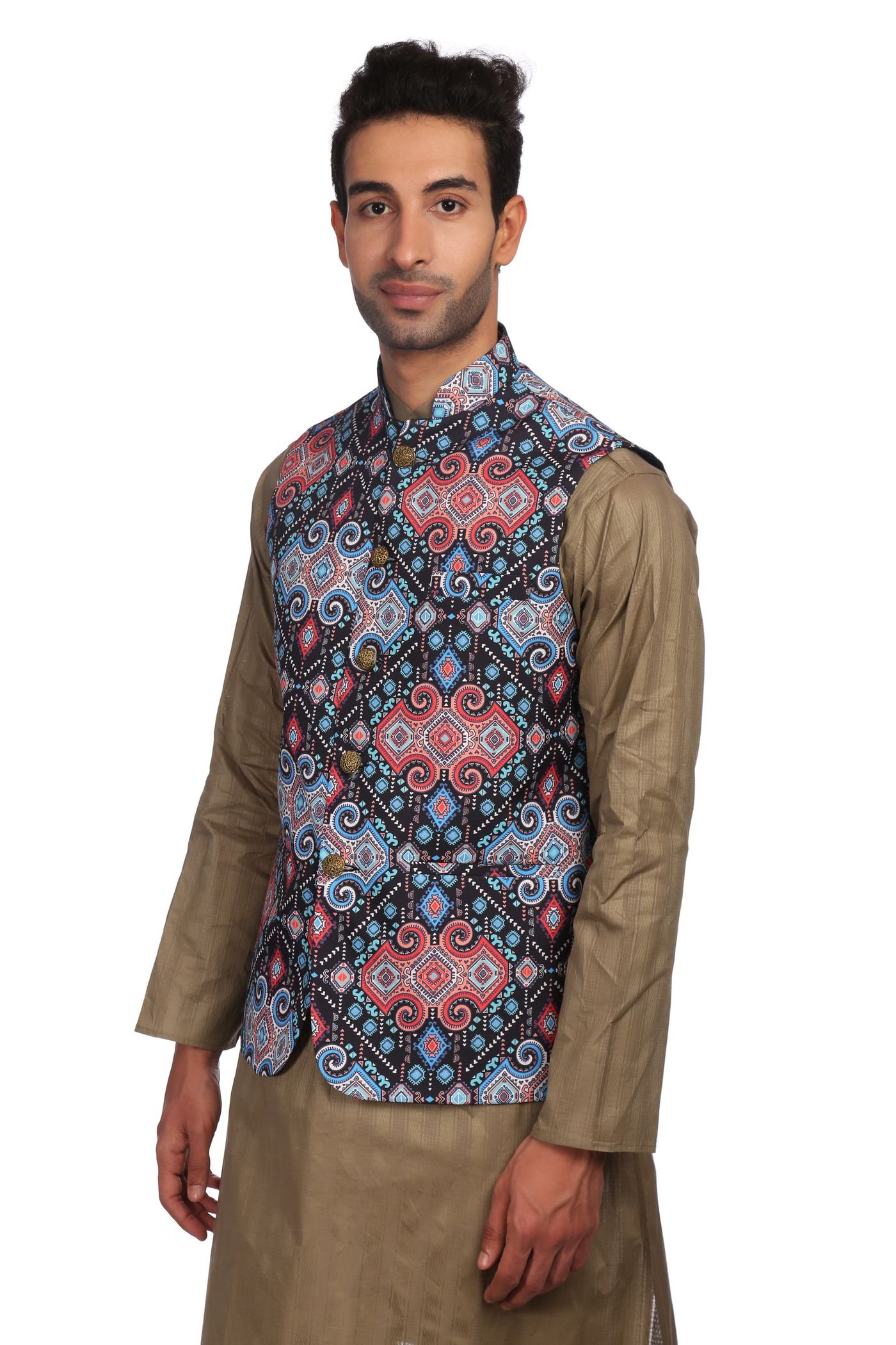 WINTAGE Men's Imported Rayon Tailored Fit Printed Party/Festive Indian Nehru Jacket Vest Waistcoat : X-Small