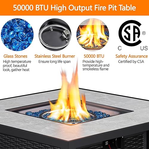 Miniatura 5 de Yaheetech Fogata de propano de 30 pulgadas para fogata de gas exterior mesa cuadrada de gas de 50000 BTU con mesa de cerámica y vidrio de fuego azul