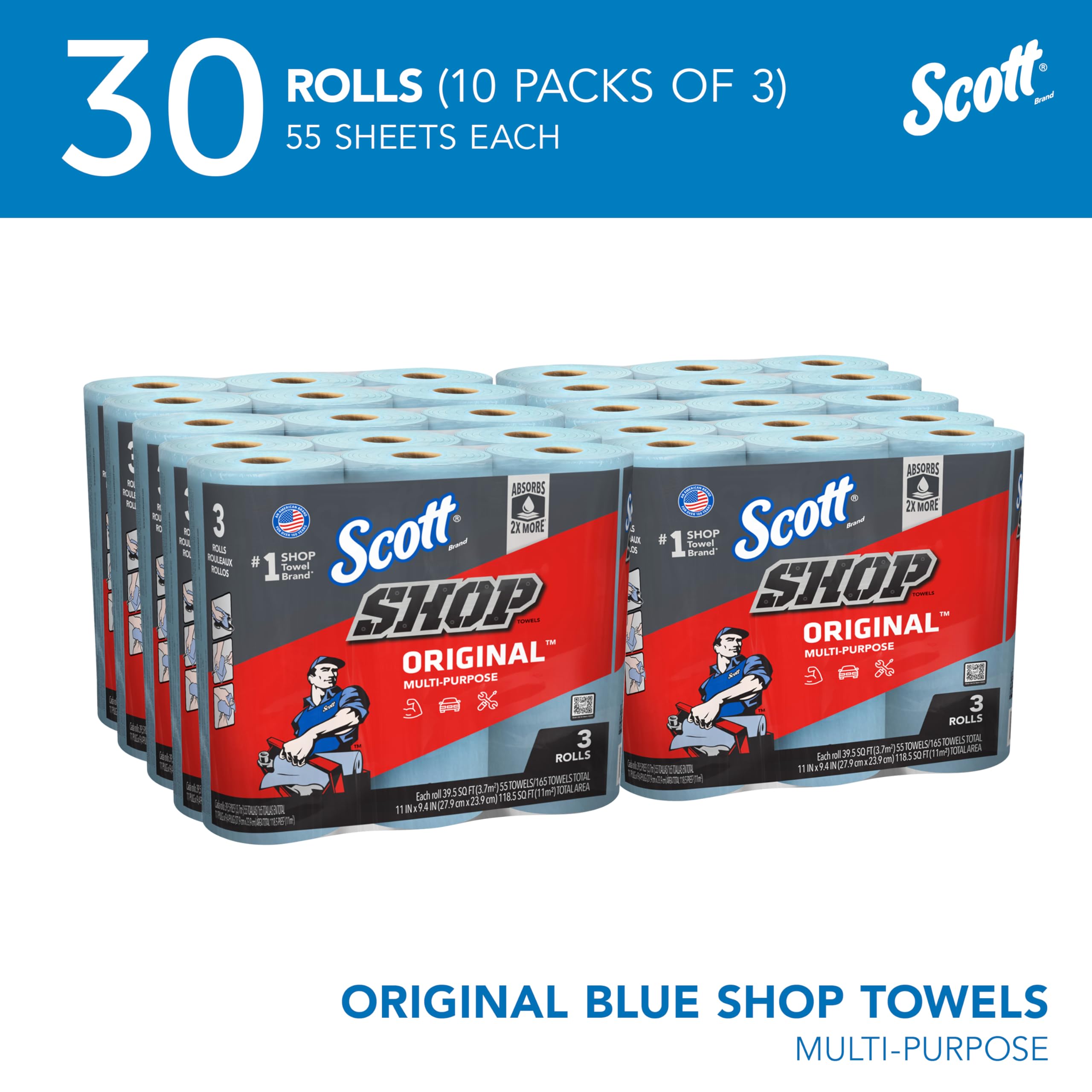Scott Shop Towels Original (75143), blu, 55 fogli/rotolo standard, 30 rotoli/custodia (10 pacchi di 3 rotoli), 1.650 asciugamani/custodia