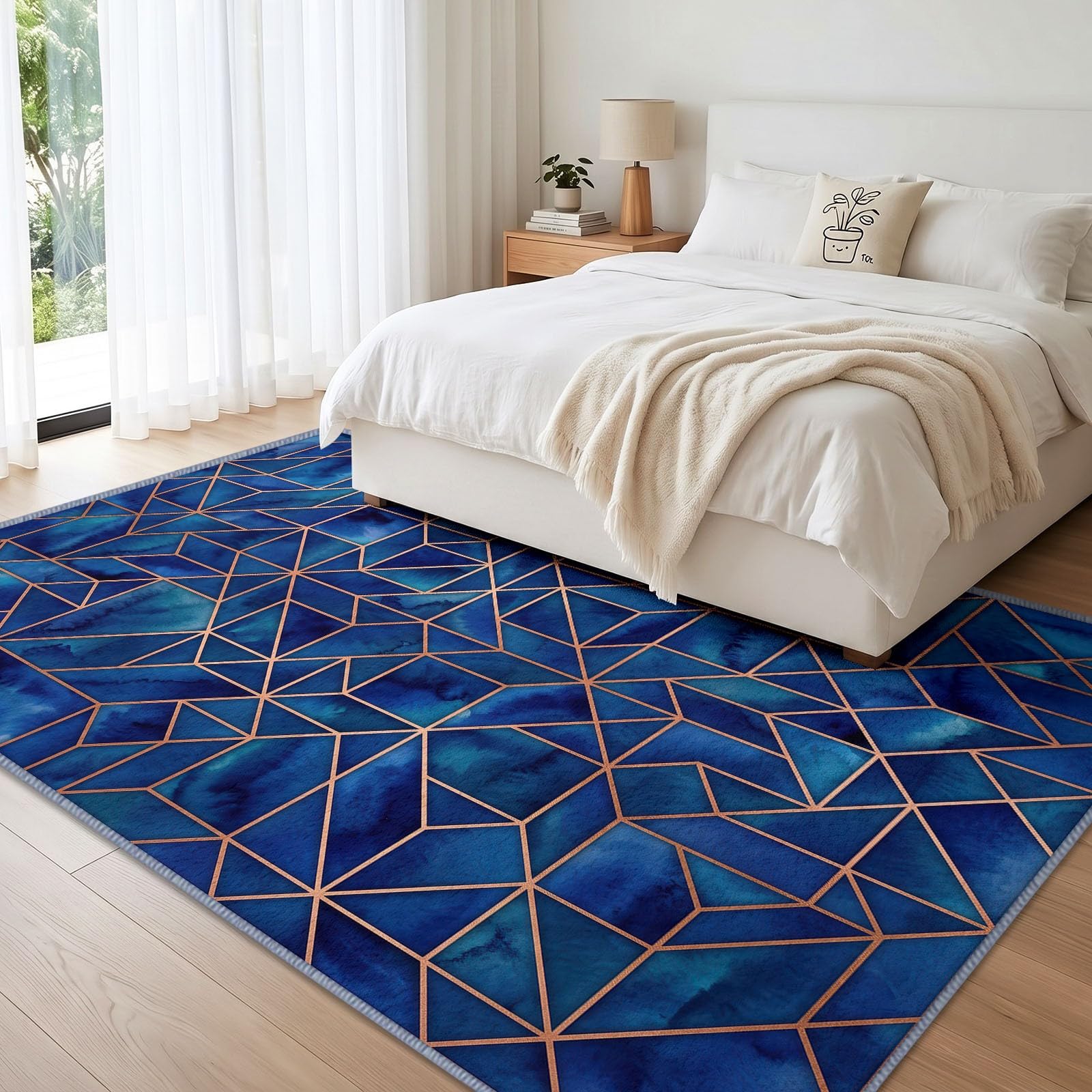 Nowoczesny geometryczny dywan do salonu 140 x 200 cm, można prać w pralce Antypoślizgowe duże wielokąty ciemnoniebieskie, miękki dywan z krótkim włosiem do biura, sypialni, jadalni