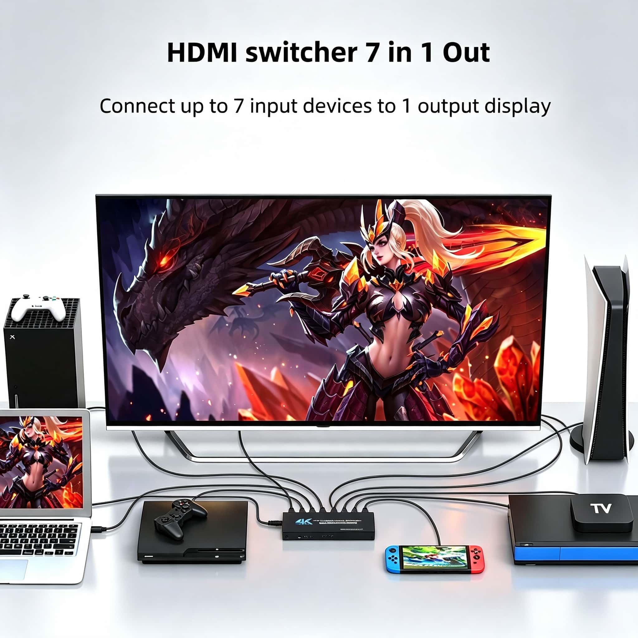 Switch HDMI 7 in 1 Out 4K @ 60Hz, 7x1 HDMI Switcher con telecomando IR, 7 porte HDMI Selector Box Supporto HDMI2.0, Dolby Vision/Atmos, HDR10 per Box, Switch, PS5/4, Roku, Fire -Stick