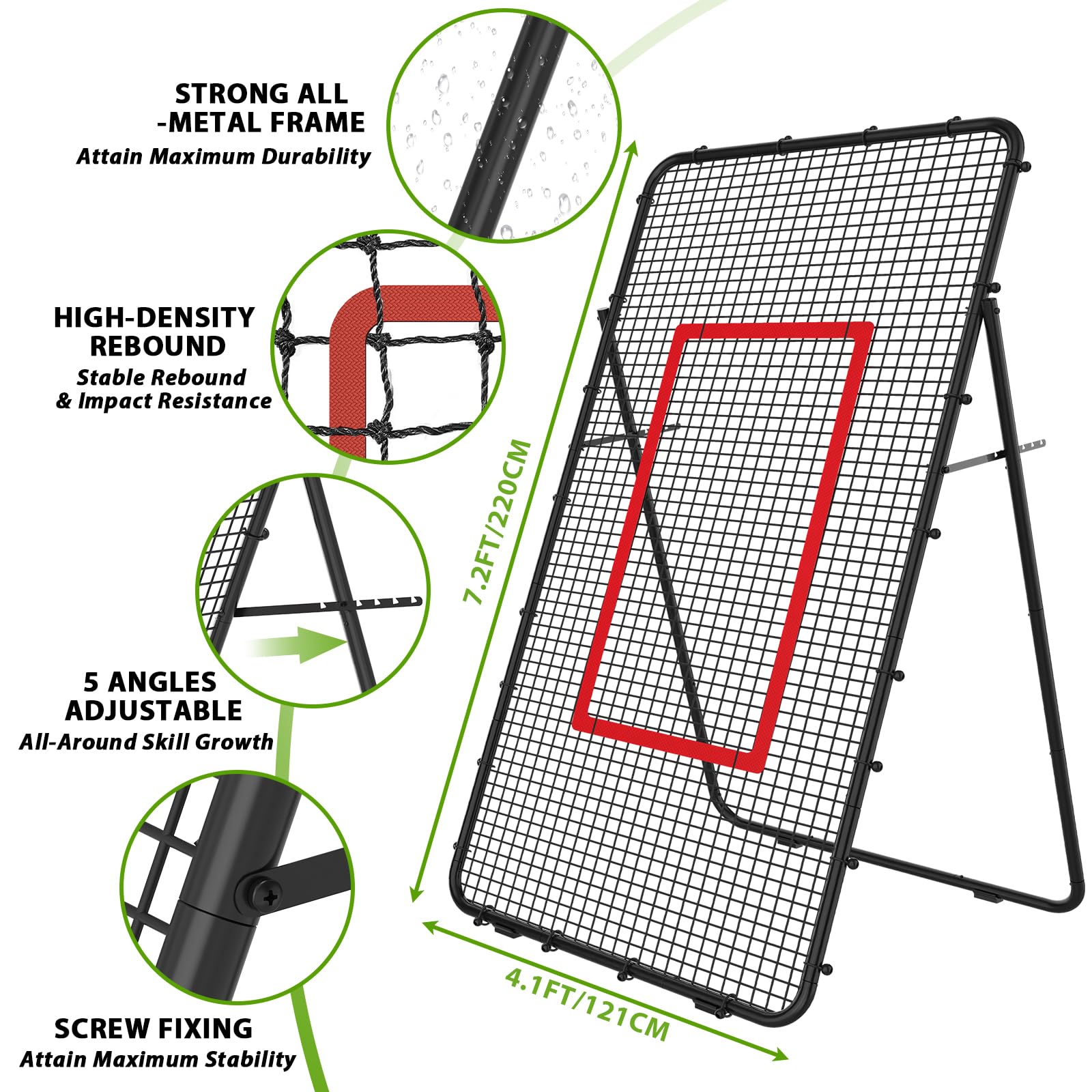 Verstellbares Volleyball Rebounder Netz, Volleyball-Trainingsgerät mit Schlagzone für Schlagen, Servieren, Passen, Spike-Übung, Rücksprungnetz für Baseball, Lacrosse, Tennis, Fußball 2,2 x 1,2 m