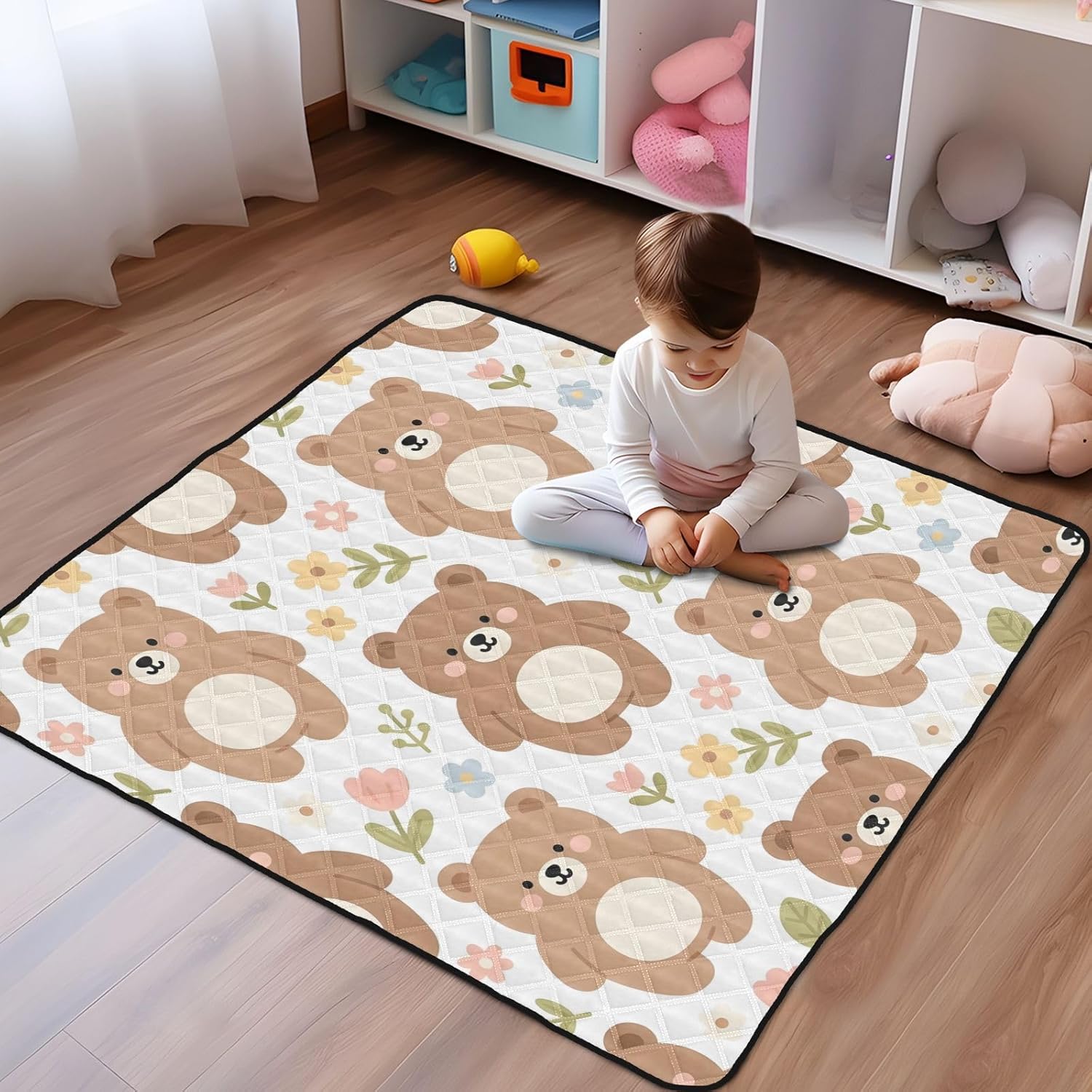 Cute Bear Pattern Baby Play Mat 50x50 Inch One-Piece Soft Crawling Mat Waterproof Playmat with Non-Slip Bottom for Babies, Toddlers, and Infants