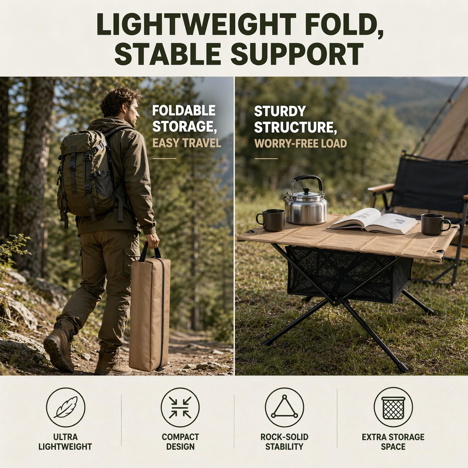 Mesa de Camping Plegable, pequeña Mesa Plegable, Bolsa de Transporte y Bolsa de Malla, Mesa de Exterior, Ultraligera, portátil, Mesa Plegable, Capacidad de Carga de hasta 30 kg, para Exteriores