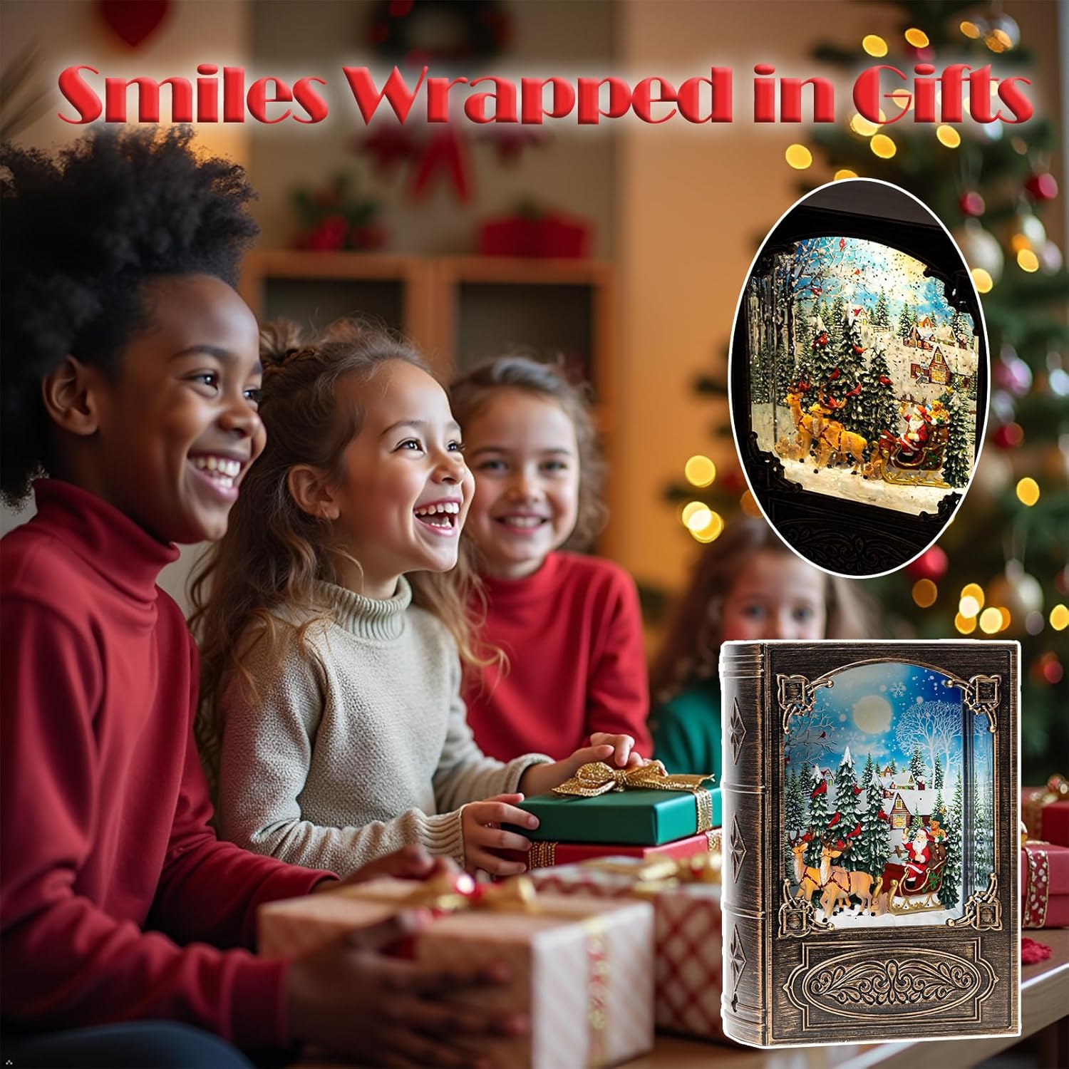 Eightown Book Snow Globe Lantern - Lighted Water Lantern with Santa Claus Scene - Vintage Musical Box with Swirling Glitter - Christmas Decor with Gift Box (Santa Christmas) - Image 6