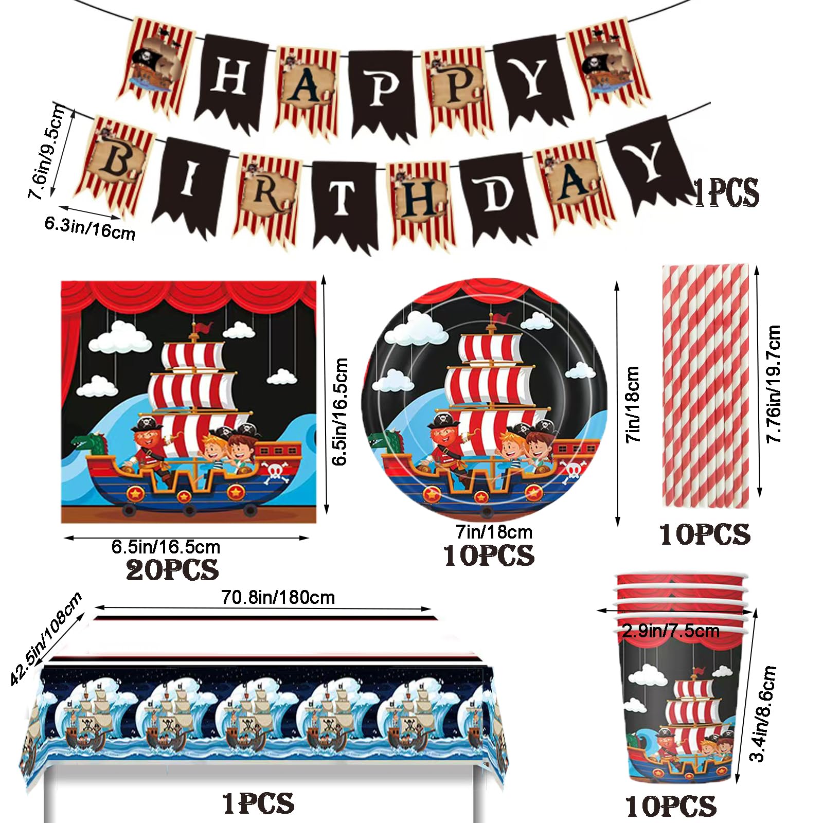 Lot Déco Anniversaire Pirate – 46 Pièces : Ballons Aluminium, Bannière, Décorations De Gâteau, Ballons Latex – Fête Enfant Et Adulte