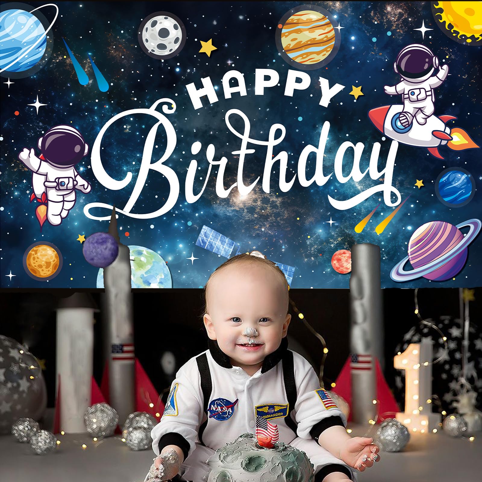 SMENGGIL Pancarta de feliz cumpleaños espacial telón de fondo para fotografía, suministros de decoración de fiesta de cumpleaños para niños, niñas, bebés, universo, planetas, galaxia solar,