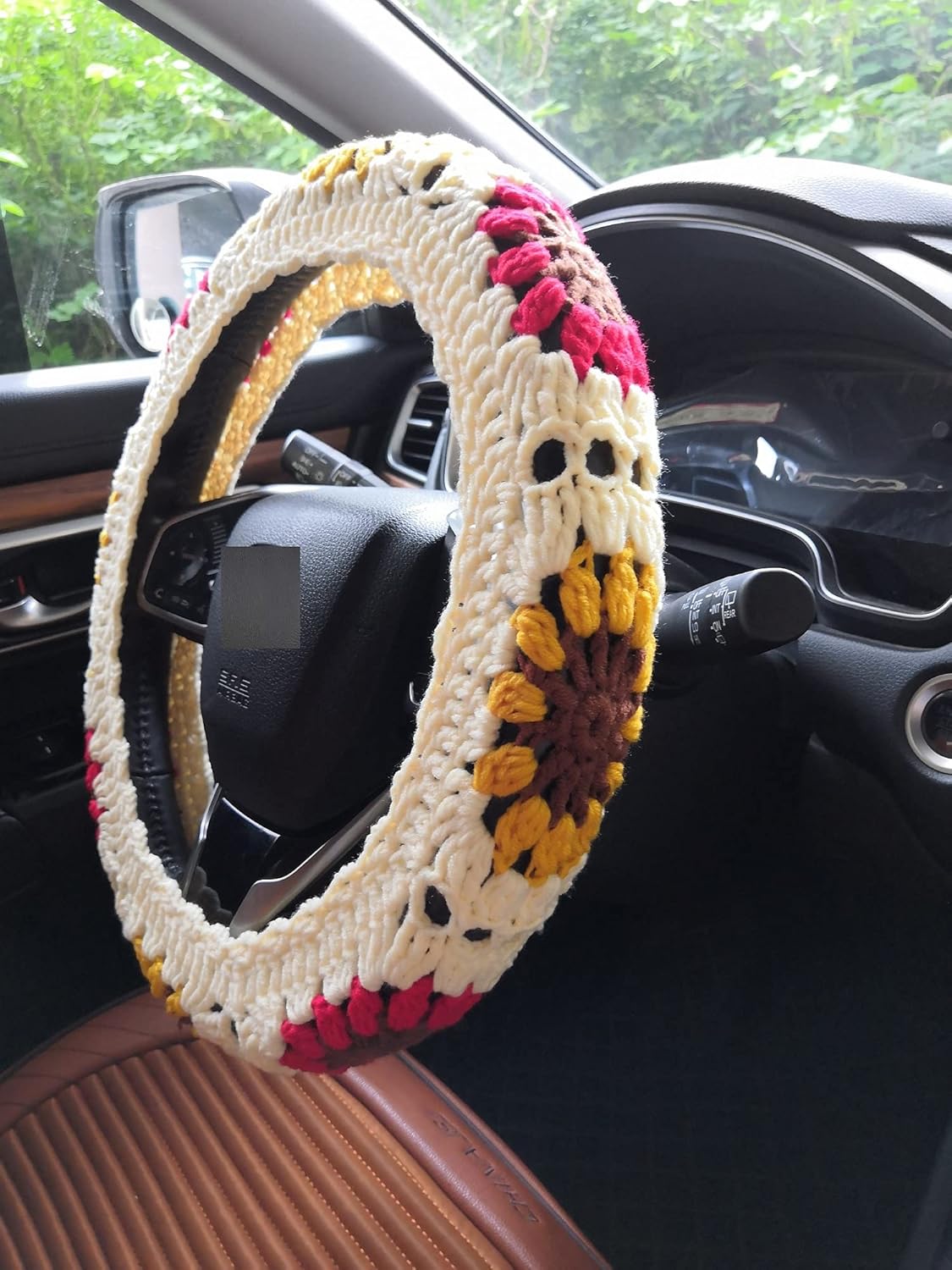 YDMZZB Crochet Sunflower Steering Wheel Cover,Seat Belt Cover(Steering Wheel Cover+1 Belt Cover)