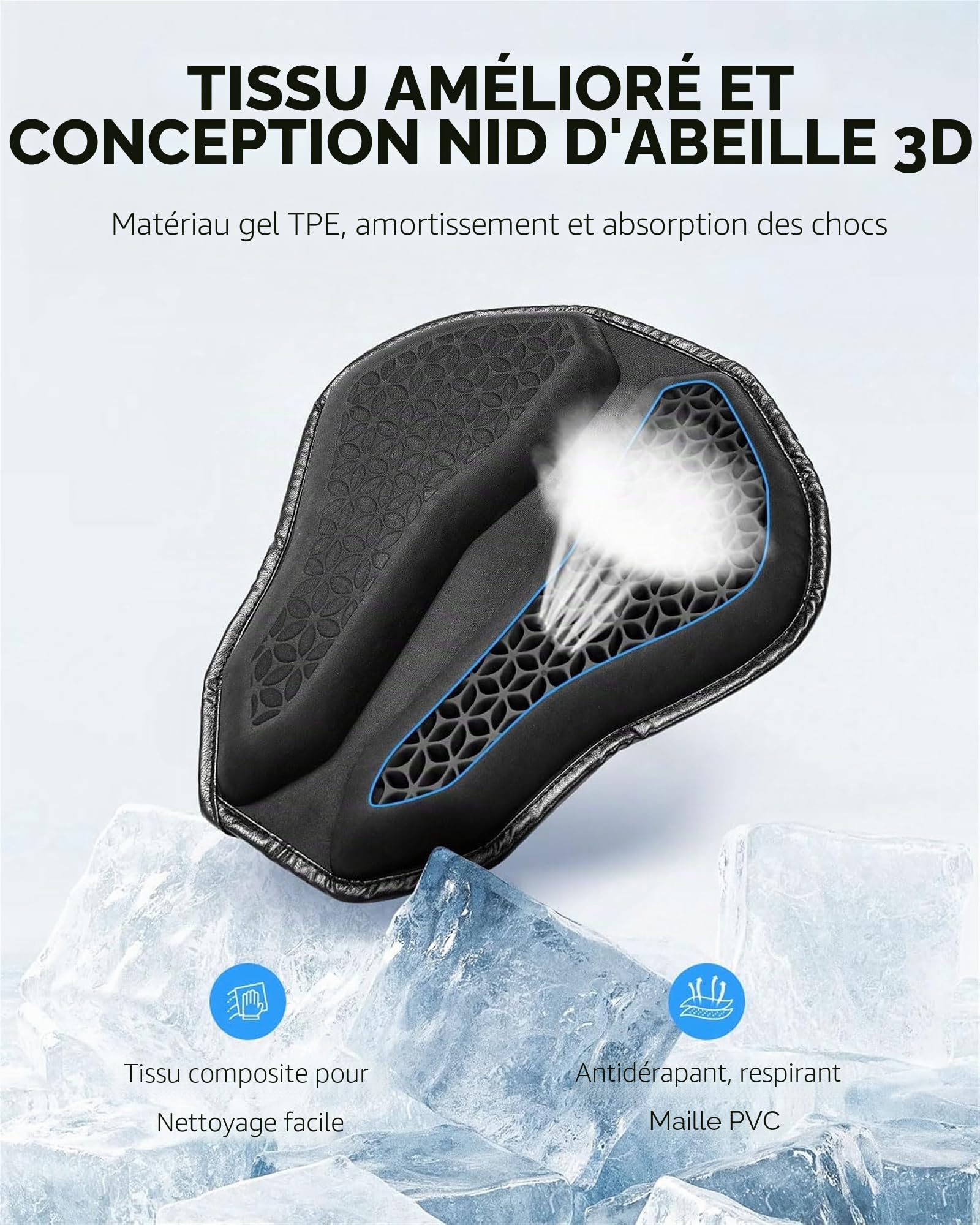 Benlari Coussin de siège de moto, coussin de siège universel en gel pour moto, grande structure en nid d'abeille, TPE absorbant les chocs et respirant pour les longs trajets