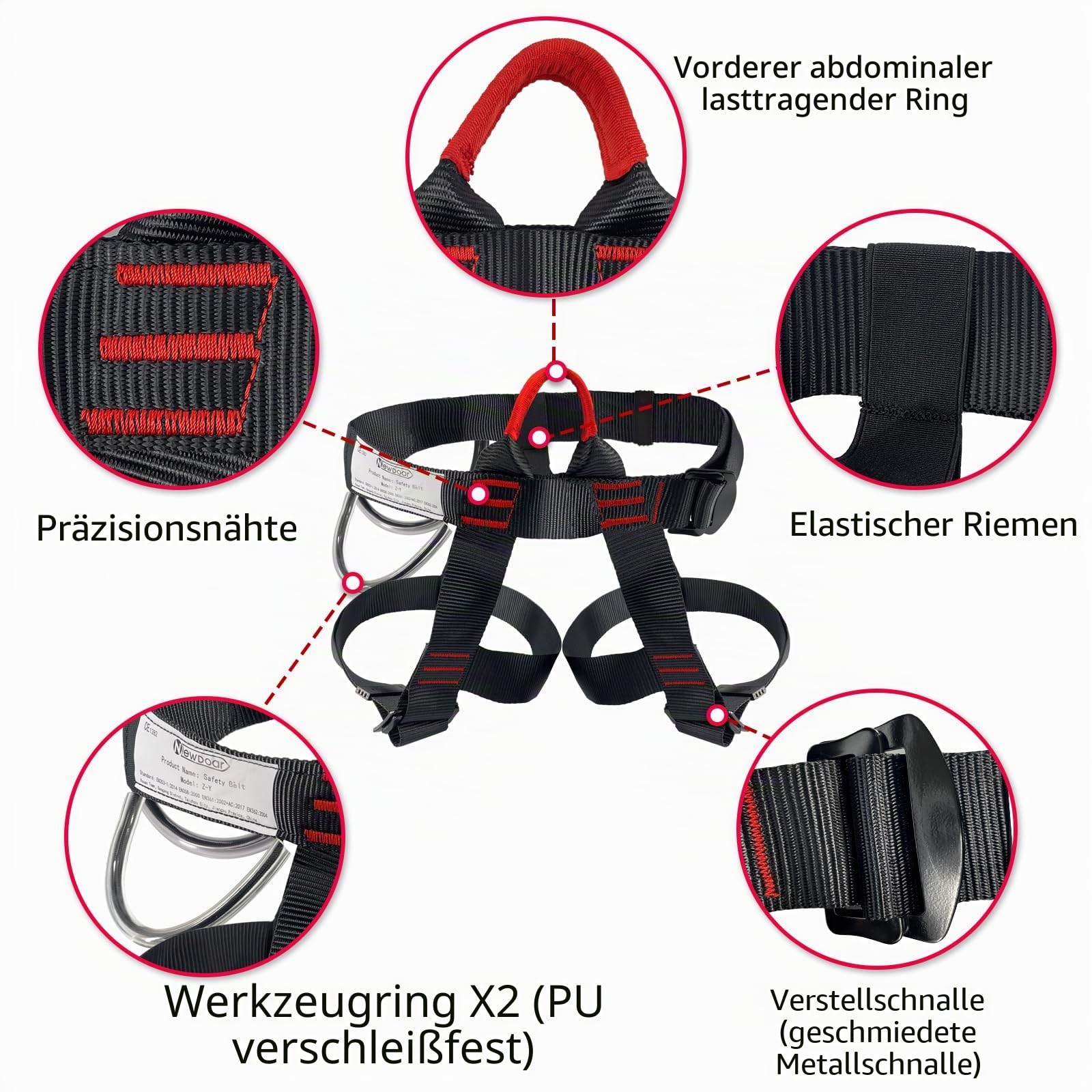 NewDoar Klettergurt, Bergsteiger-Klettergurt, Halbkörpergurt, Taillen-Hüftschutz, verstellbarer Sicherheitsgurt zum Abseilen, Feuerrettung, Baumklettern, Baumpfleger mit Testbericht