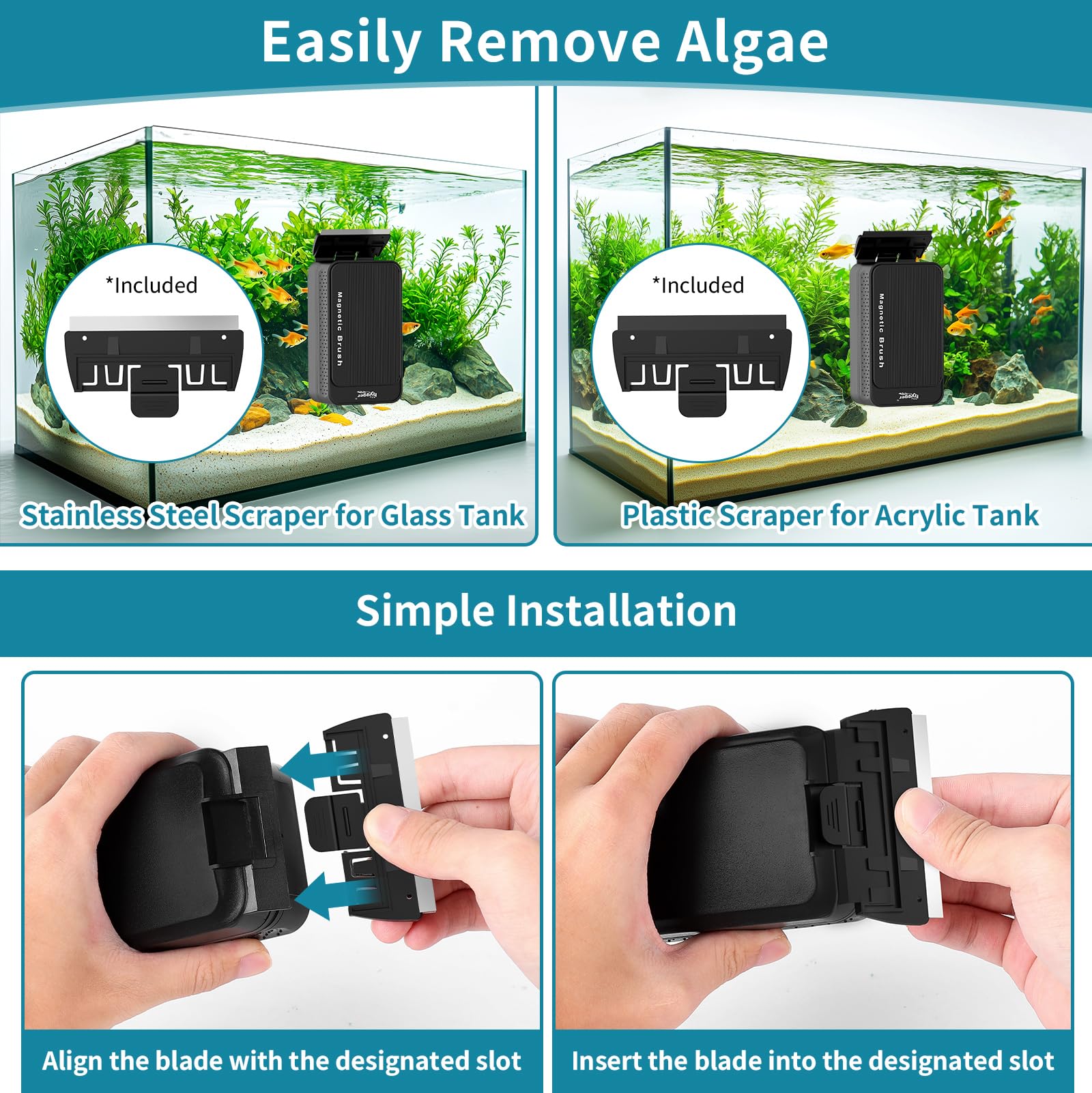 Hygger Pulitore magnetico per vetri dell'acquario, con 2 lame per acquari in vetro e acrilico, raschietto per alghe e acquari con magnete super forte, per acquari da 0,8 a 1,5 cm di spessore (L)
