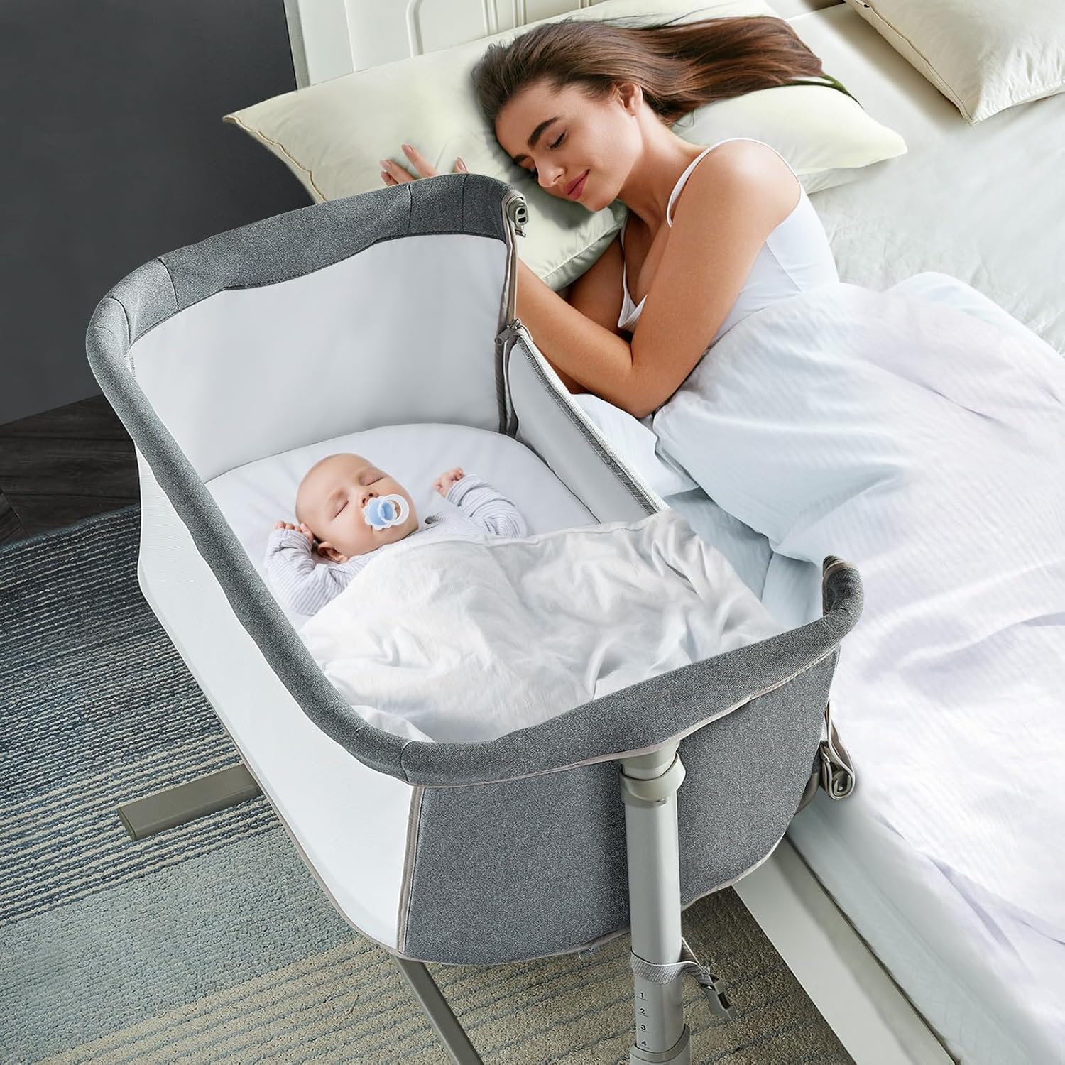RONBEI Baby Bassinet Bedside Sleeper, Easy to Assemble Bassinets for Baby/Infants, Height Adjustable Bedside Bassinet for Newborn Baby Light Grey