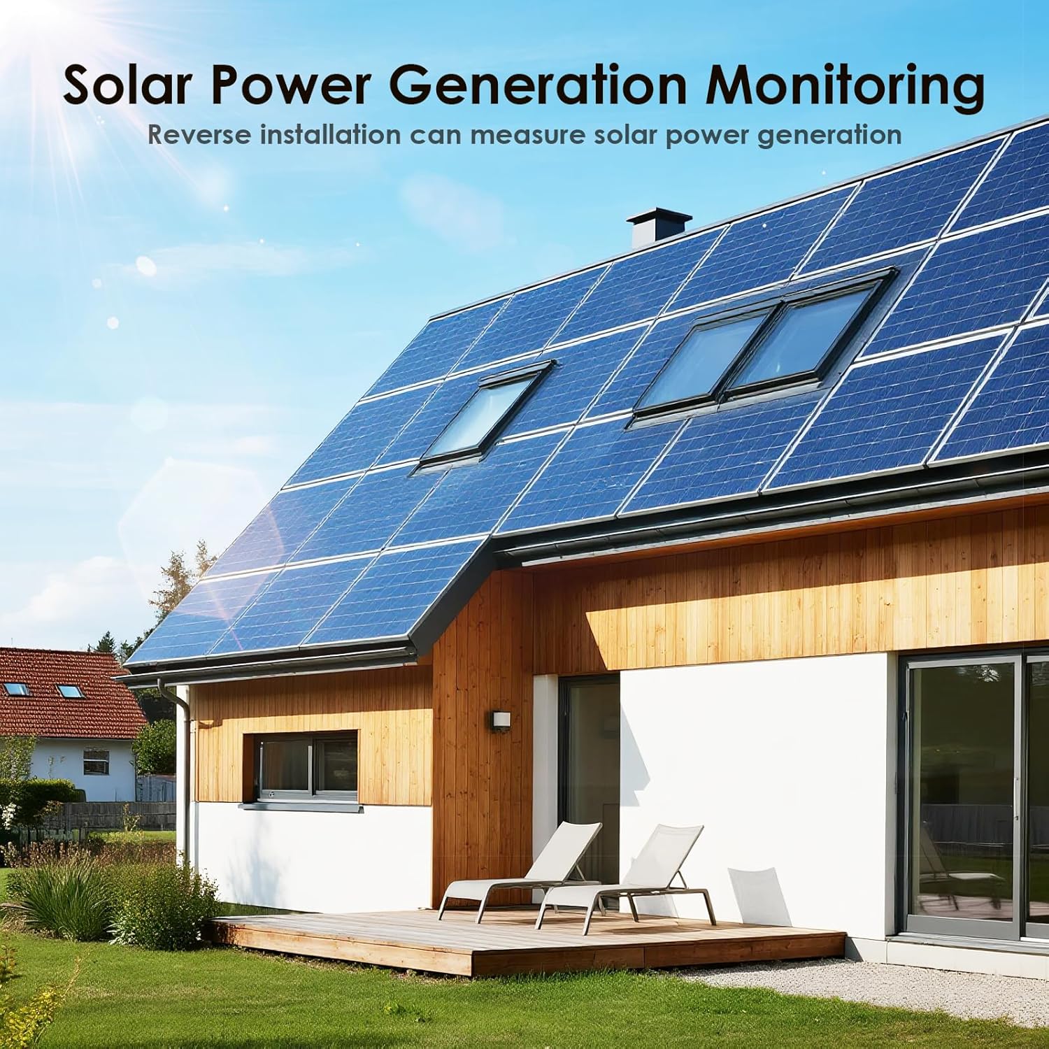 A modern house with solar panels on the roof, illustrating the capability of the energy meter to monitor solar power generation.