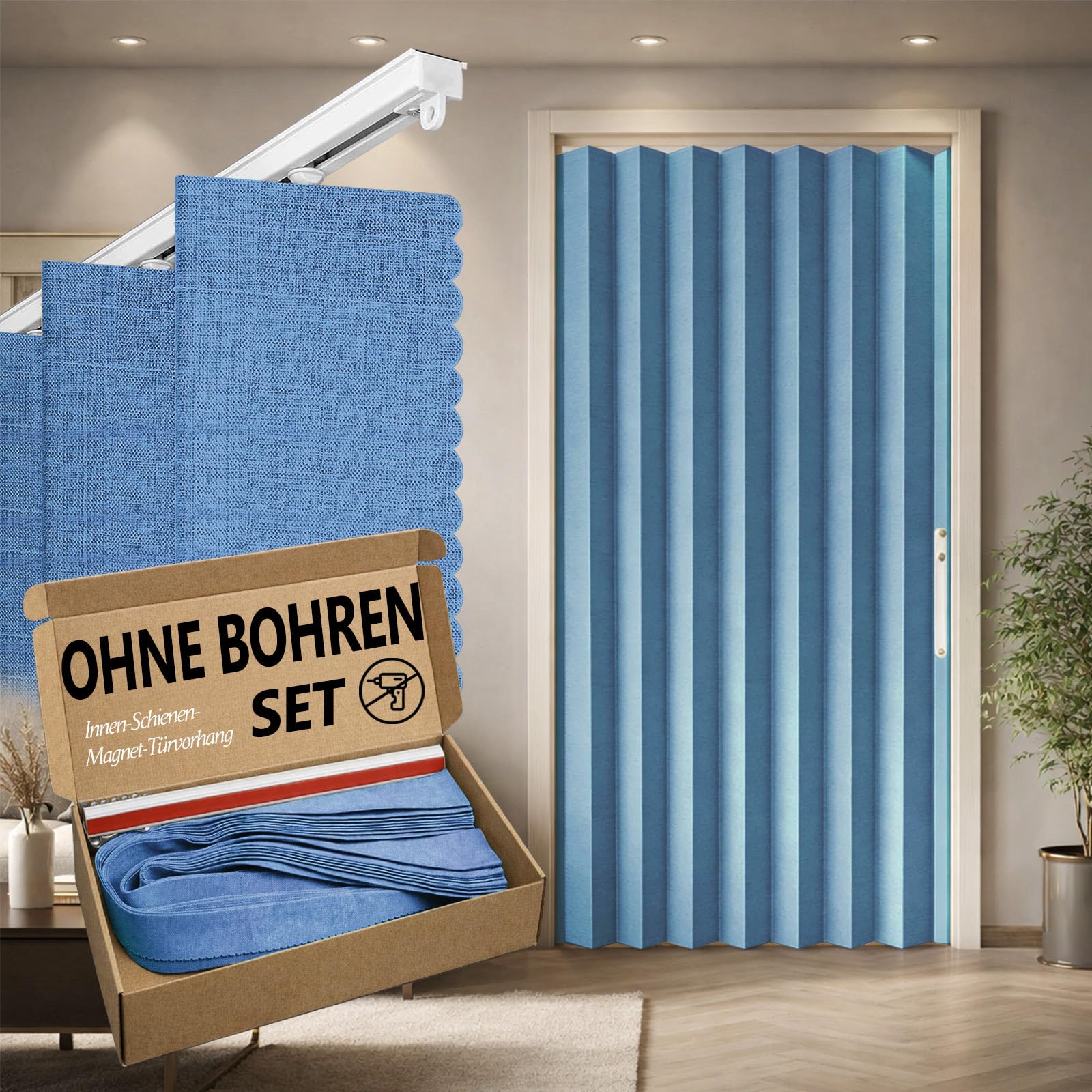 Jilron 100% Blickdichter Türvorhang – Faltbarer Akordion-Stil mit Magnetverschluss, Klebemontage ohne Bohren, inkl. Klebeschiene, Verdunkelung & Windschutz