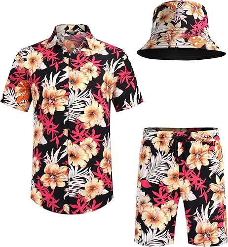 Miniatura 5 de COOFANDY Conjunto de camisa hawaiana y pantalones cortos para hombre traje de playa de 2 piezas con sombreros de pescador