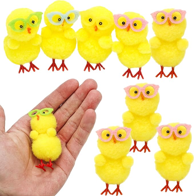 HOVUK® 8 pollitos amarillos de Pascua con gafas de colores, decoración artesanal de 5 cm