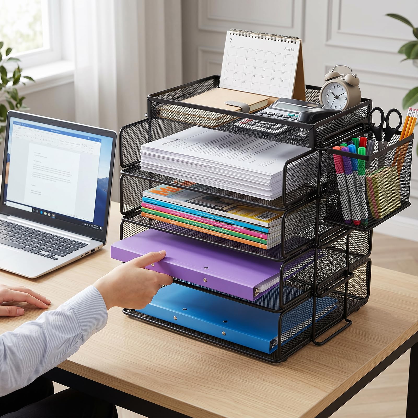Estante apilable para Documentos A4, Organizador Escritorio con 4 bandejas y 1 portalápices, Apto para Documentos A4, Estante de Escritorio metálico, Estante de Escritorio (Negro)