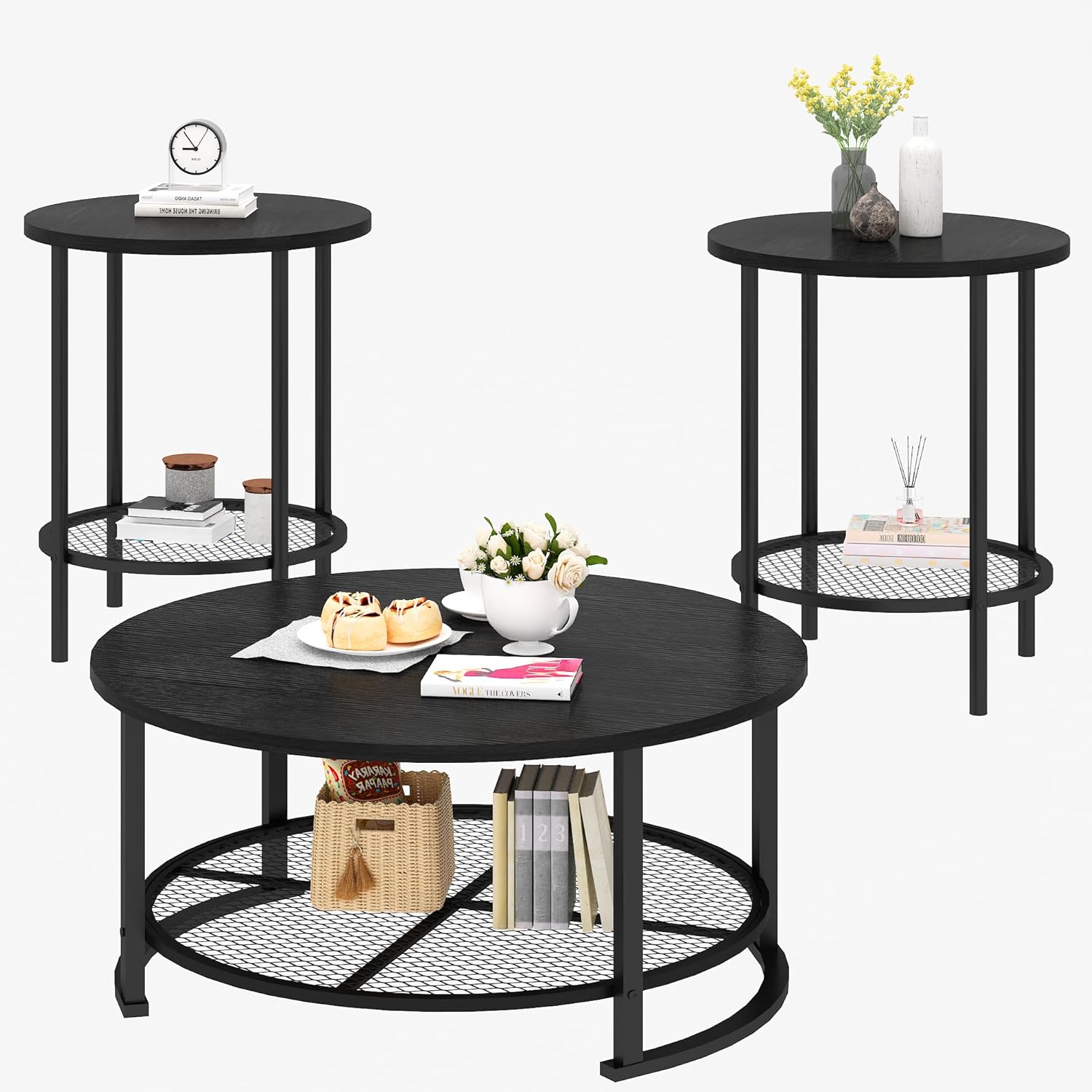 Recaceik Round Coffee Table and End Table Set of 3 with Storage, Modern Vintage Black Coffee Table and Side Table for Living Room, Office, Apartment, Small Space