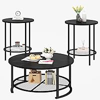 Vista 3 de Recaceik Juego de 3 mesas auxiliares redondas y mesa auxiliar con almacenamiento, moderna mesa de centro negra vintage y mesa auxiliar para sala