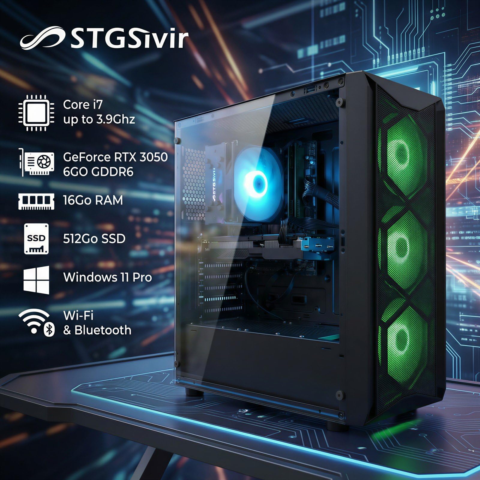 STGsivir Gaming PC, Core i7, RTX 3050 6G, 16G RAM, 512G SSD | Gaming Computer für Streaming,Videobearbeitung,Hausaufgaben, bis zu 3.9 GHz, WLAN 6, BT 5.0, 4K,HDMI,DP, Win11 Pro, ARGB