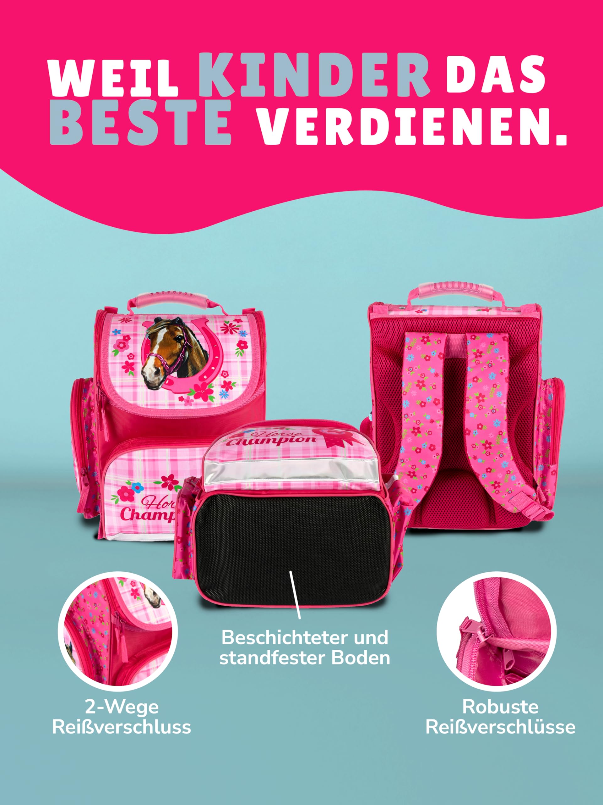 Familando - Schulranzen Set CLOU - 9-teilig mit Sporttasche - Pferde - Ergonomisch, stabil & mit gepolstertem Rücken - 930g leicht - 15L Volumen - Mit Reflektoren - Für Grundschule ab 1. Klasse