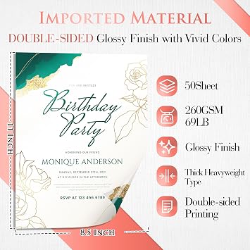 A-SUB Thick Double Sided Glossy Photo Paper 69lb 8.5X11 Inches Heavyweight Cardstock Paper 260gsm for Cards Cake Toppers Work with Inkjet Printers Dye Ink 50 Sheets