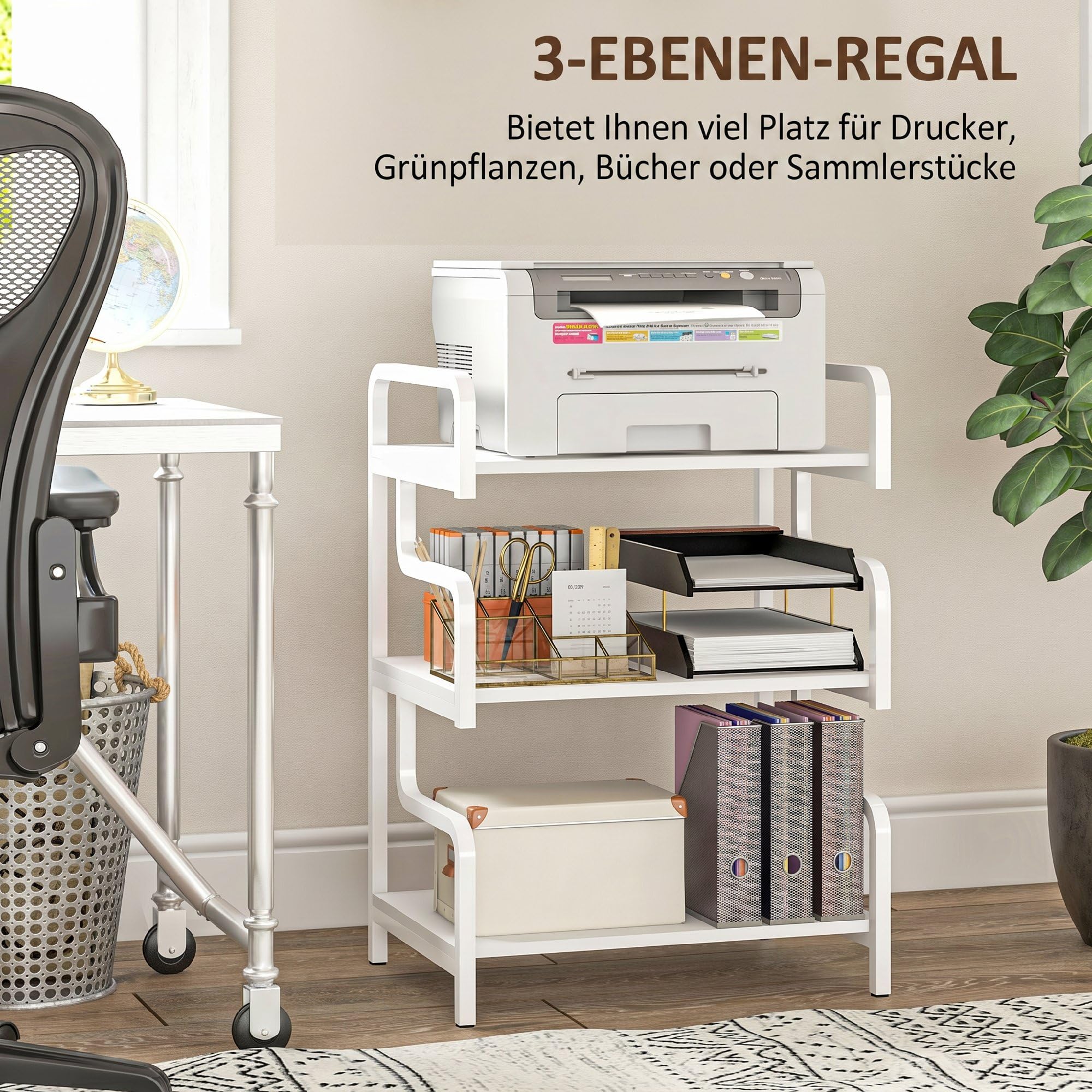 HOMCOM Druckerständer Druckertisch mit 3 Ebenen Stauraum 55x40x77cm Weiß